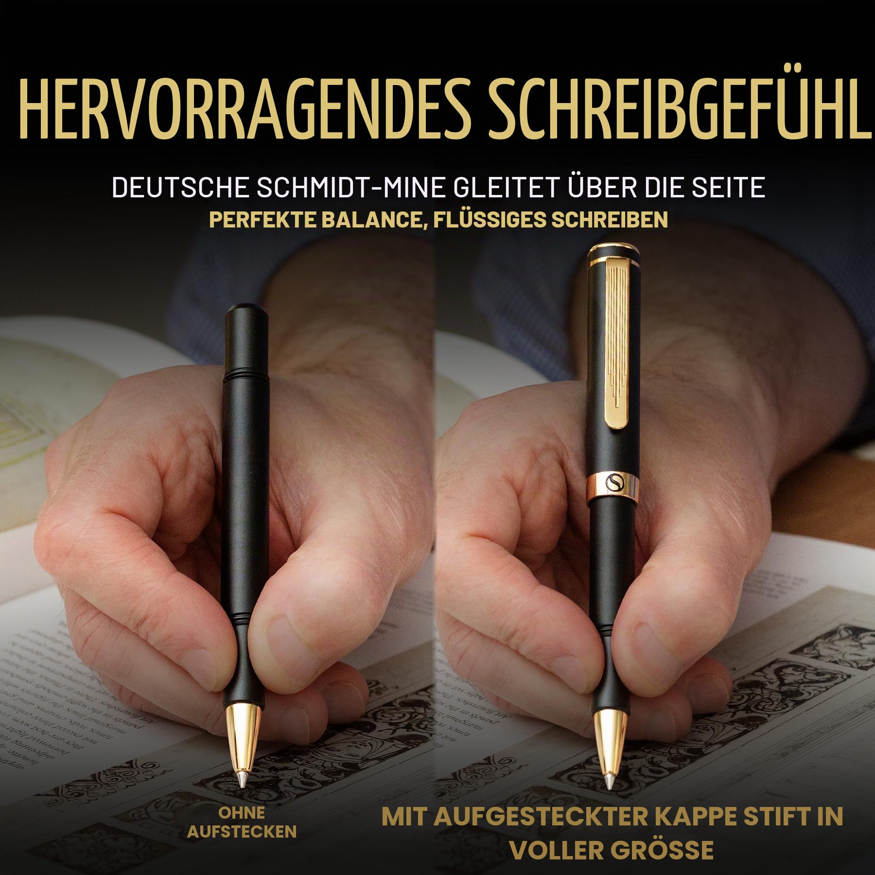 Scriveiner Schwarzer Kugelschreiber EDC Luxus Stift, toller Taschenfüller mit Echtvergoldung, Cooler Schreibstift, Geschenk für Mann Frau, Deutsche Schmidt Mine, Ausgefallenes Büro Designer Schreibset