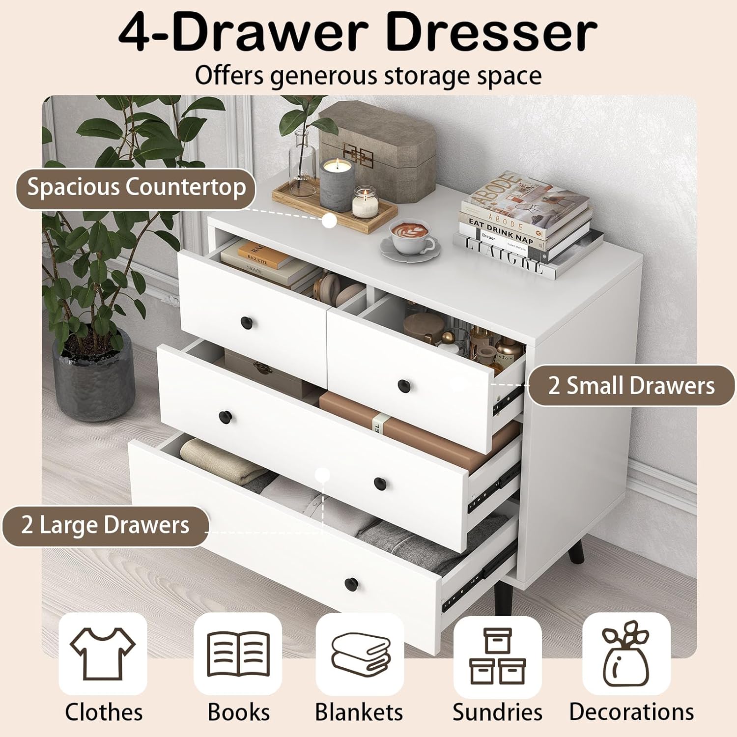 LOKO 4-Drawer Storage Cabinet, Modern Chest Cabinet with Anti-Tipping Device, Convenient Handles, End Table, Wooden Floor Cabinet, for Living Room, Hallway, Entryway (White)