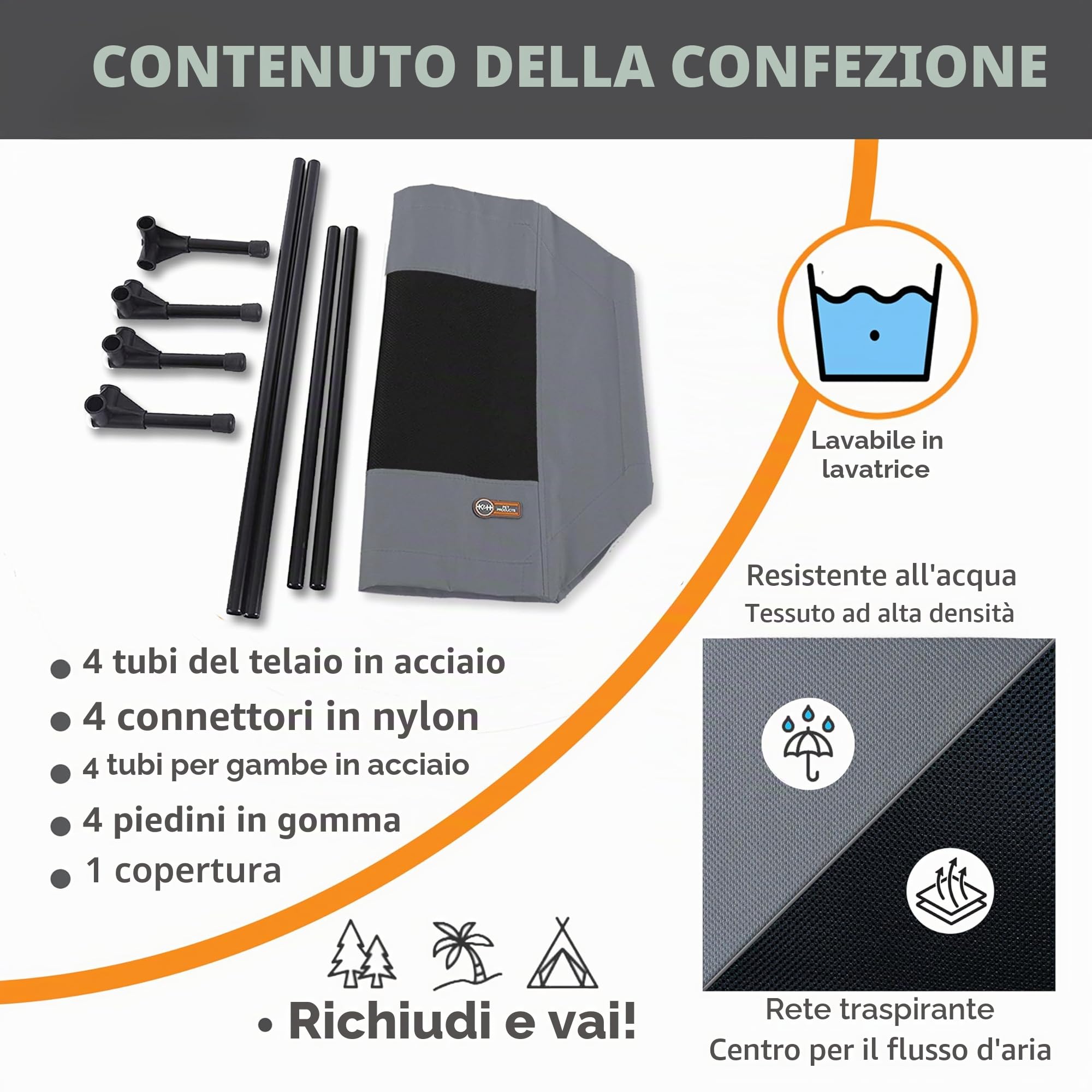 K&H Prodotti per animali domestici, letto rialzato per cani con rete traspirante lavabile, piedini in gomma antiscivolo, lettino portatile per interni ed esterni, rete grigia/nera