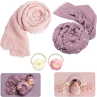 4 PCS Newborn Photography Props Wrap Knit Handmade Pearl Decor Wrap Blanket Swaddle Baby Photo Props Baby Photoshoot Props Prop 2PCS Newborn Photography Wraps + 2PCS Headband(Snow Powder/Purple Gray)