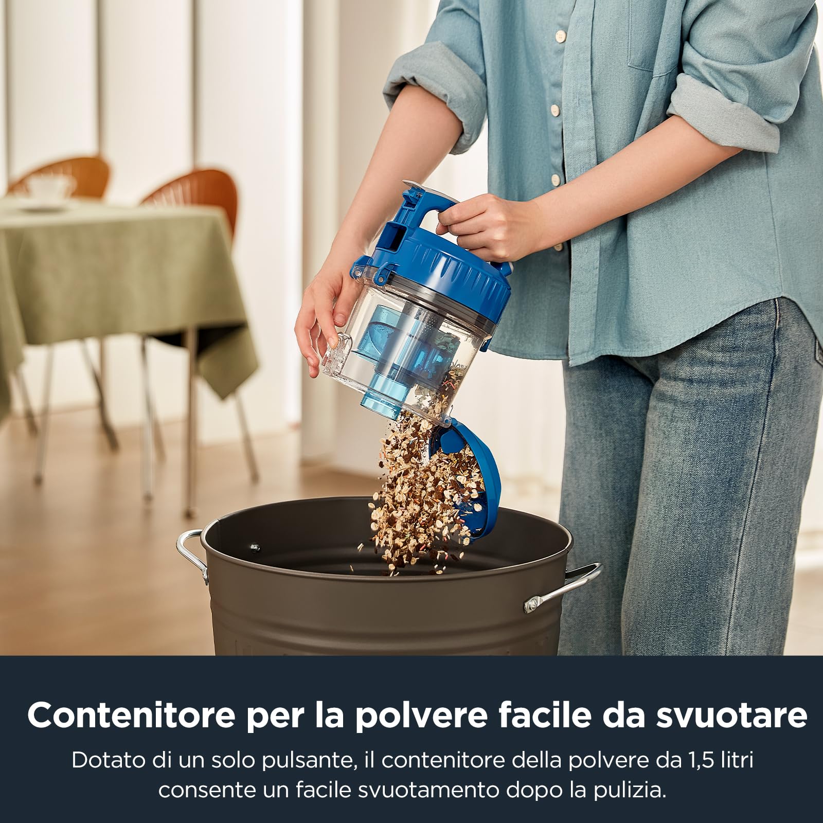 Eureka WhirlWind Aspirapolvere senza sacco, aspirapolvere a traino, aspirapolvere potente silenzioso con cavo per tappeti, pavimenti, pelo animale e polvere, 700W, 1,5L, blu