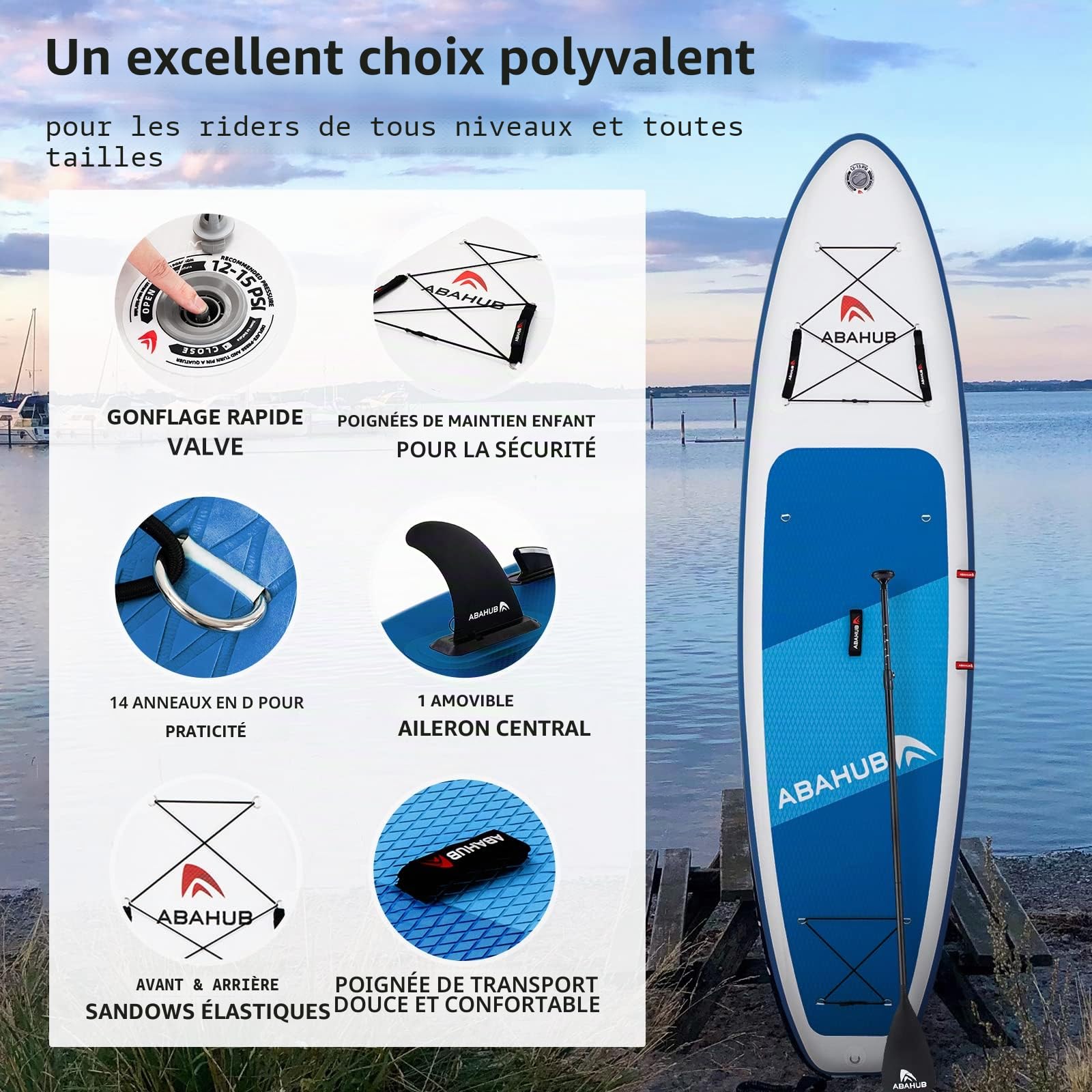 Abahub Paddle Gonflable Adulte avec Siege Stand Up Paddle Planche de Sup Ensemble, Bleu/Vert/Orange, Pagaie Aluminium Réglable, Siège Kayak 320x78/84x15cm
