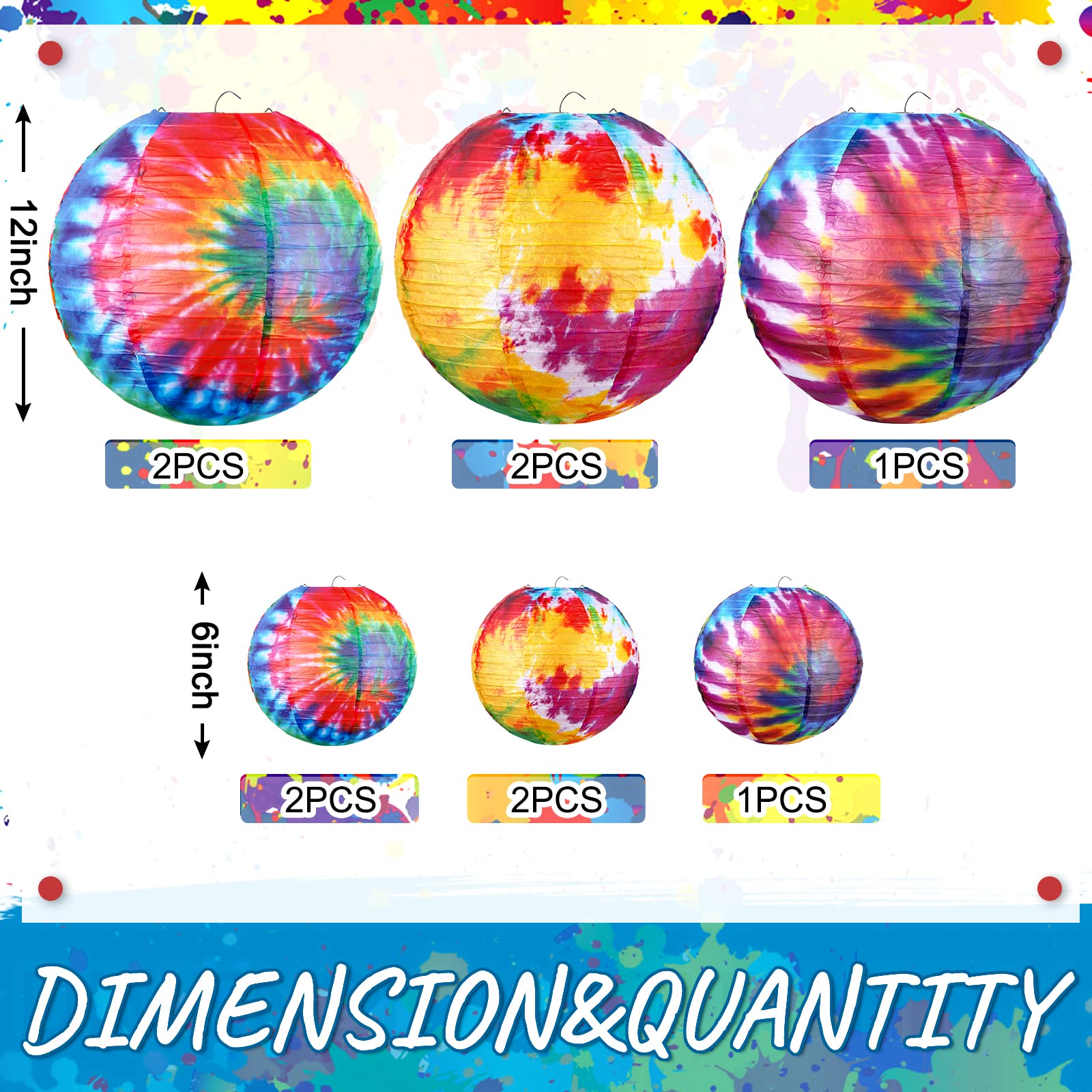 10 Pcs Tie Dyed Groovy Paper Lanterns Chinese/Japanese Lanterns Groovy Party Decorations Tie Dye Party Supplies Classroom Hanging Ceiling Decorations for Home Decor Parties Weddings (12 Inch/ 6 Inch)