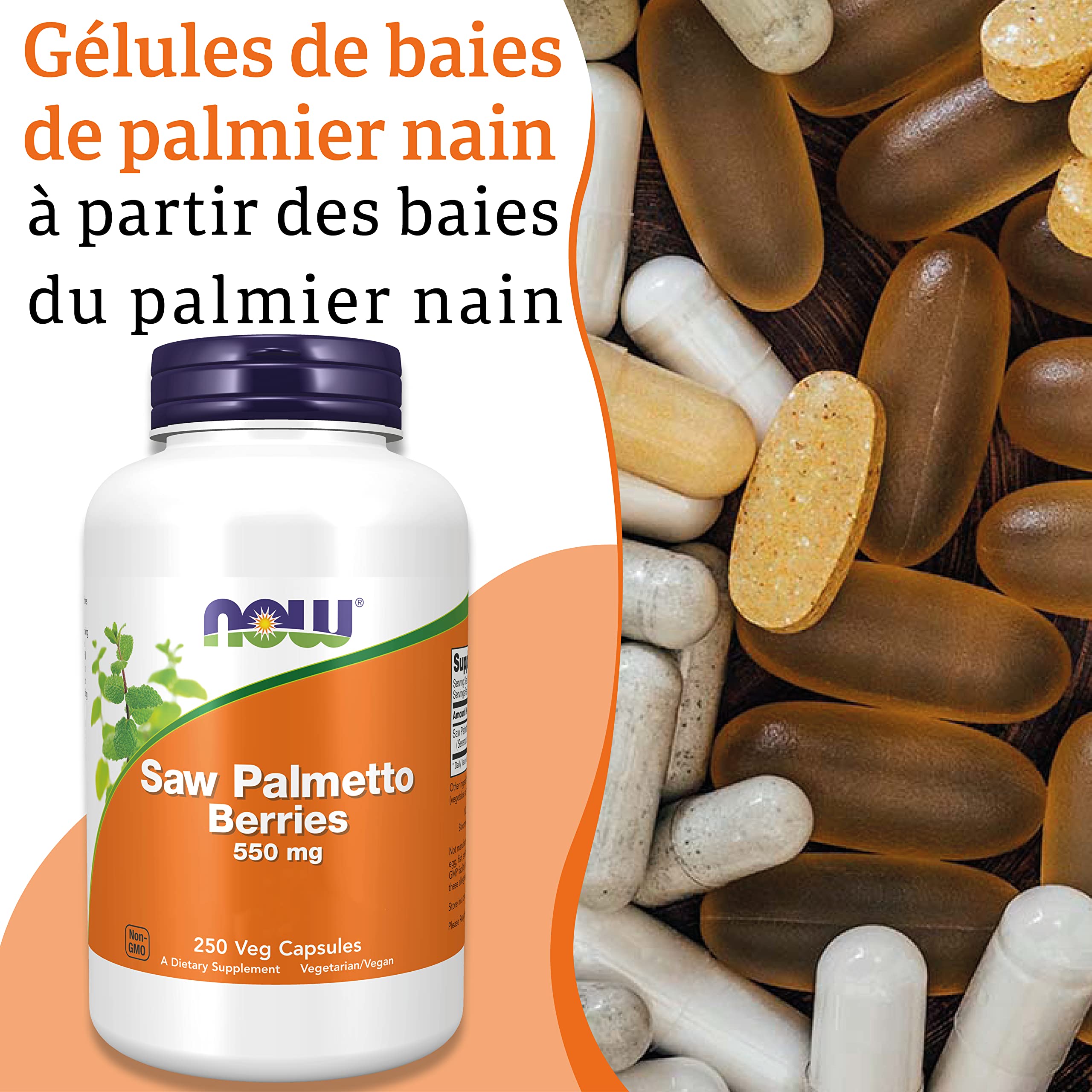 Now Foods, Saw Palmetto Berries (Baies de Palmier Nain), 550 mg, 250 Gélules végétales, Testé en Laboratoire, Végétarien, Sans Gluten, Sans Soja