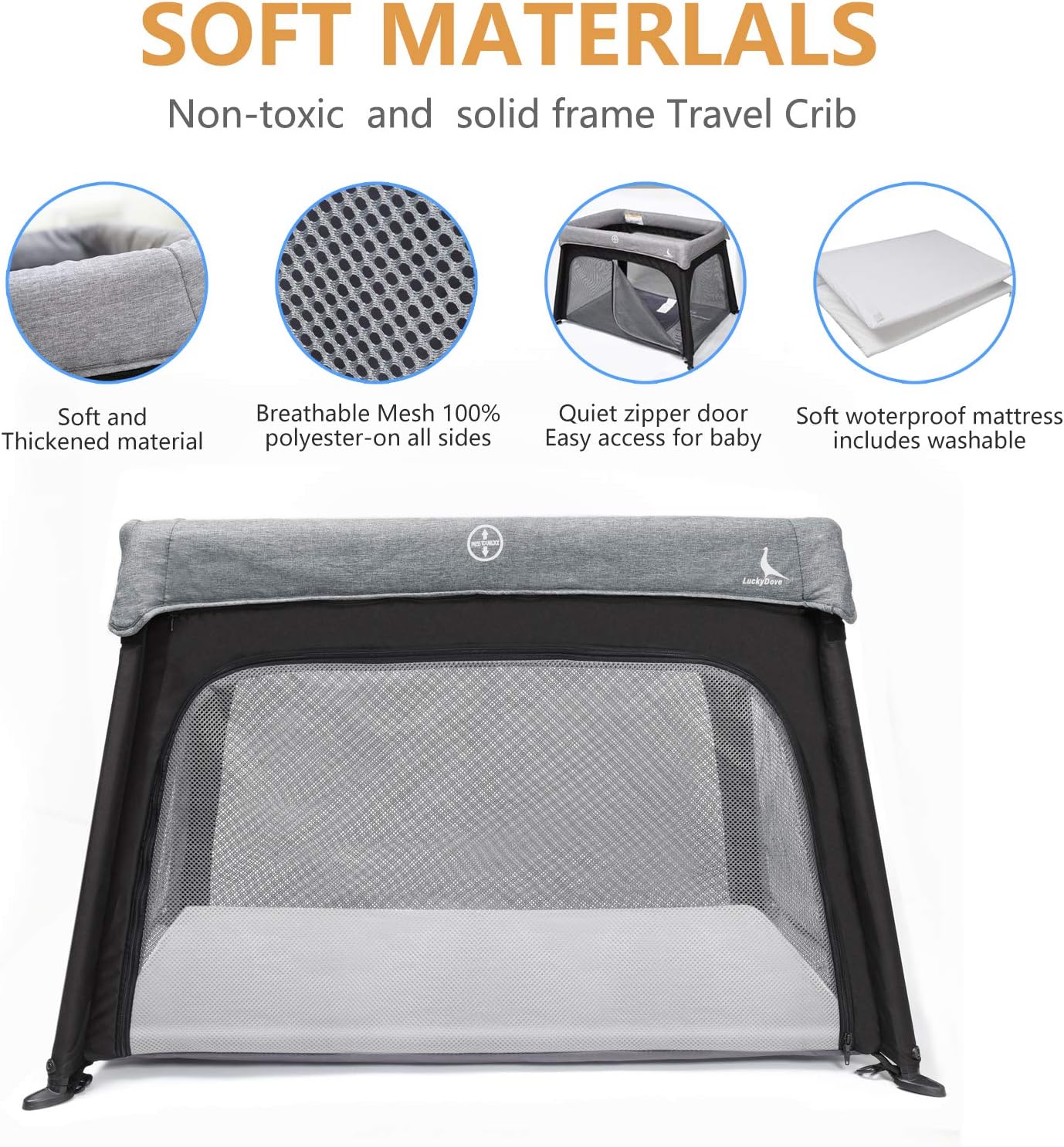 Nеw Prоduсt LuckyDove Portable Travel Crib&Pack n Play-Lightweight with Carry Bag,Foldable Travel Crib with Soft Washable Mattress,Side Door Frame Design,Simple Assembly&Easily Collapsible(Gray)