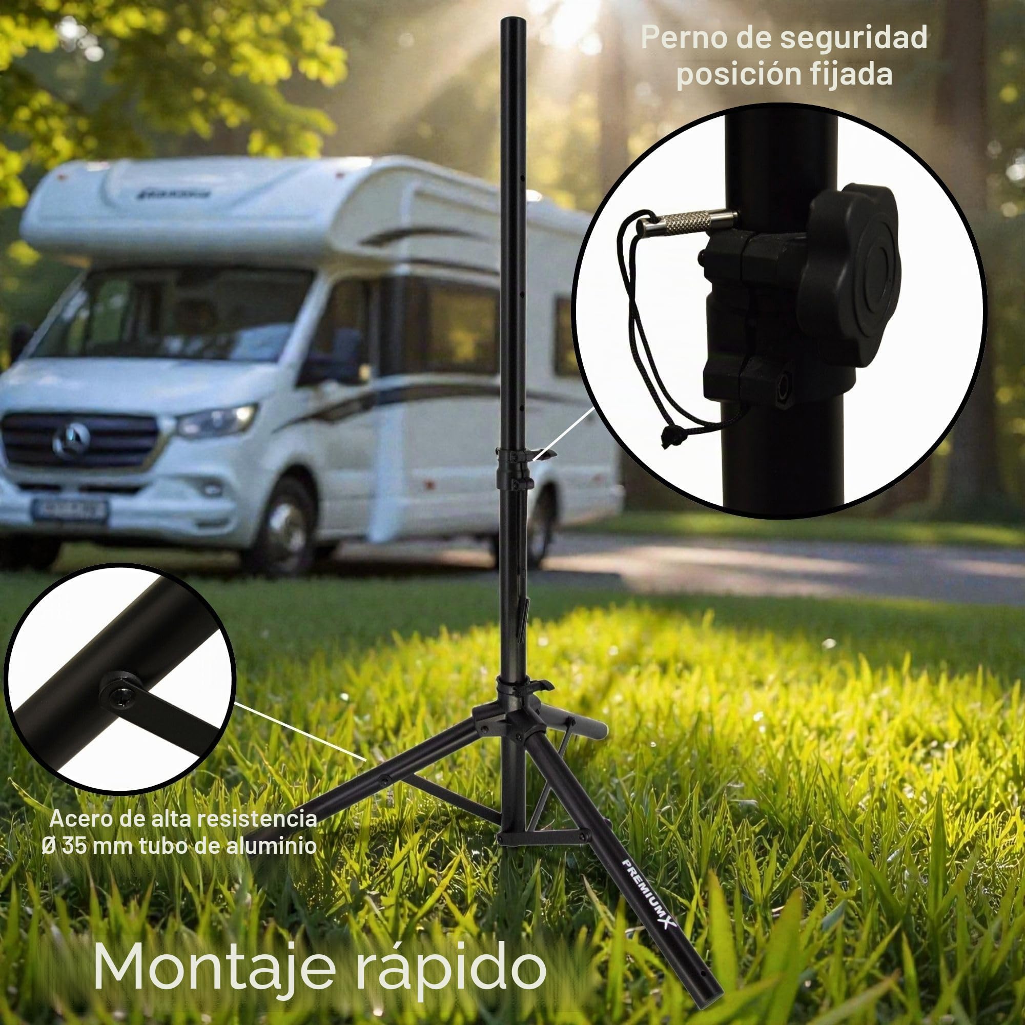 PremiumX Trípode básico, Acero, diámetro 32 mm, Altura 120 cm, Soporte para Antenas parabólicas de 80-85 cm, Espejo, Camping, balcón, Negro, con 3 Clavijas de Acero Macizo