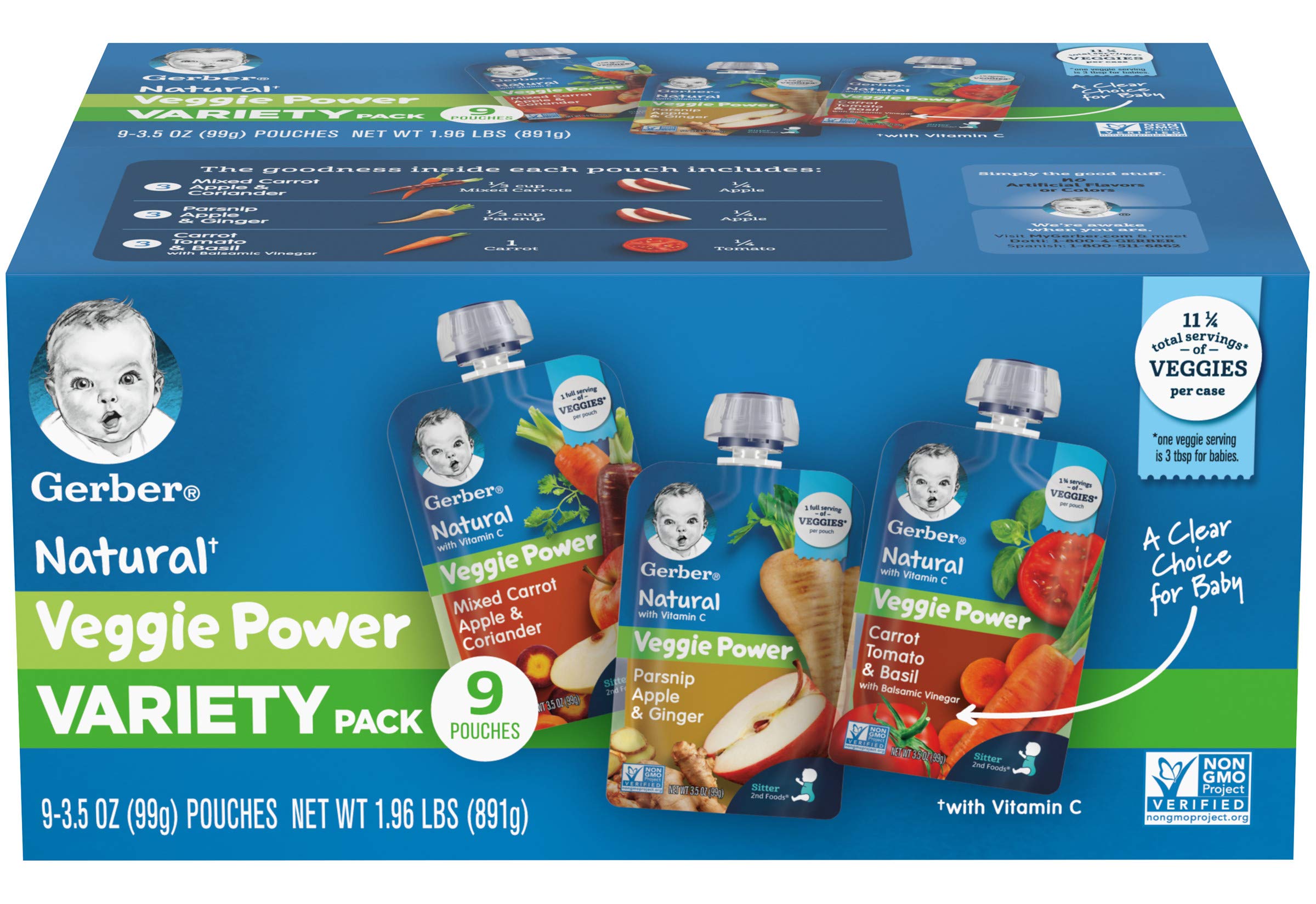 Gerber Natural Veggie Power Baby Food Pouch Variety Pack, 1.96 LB