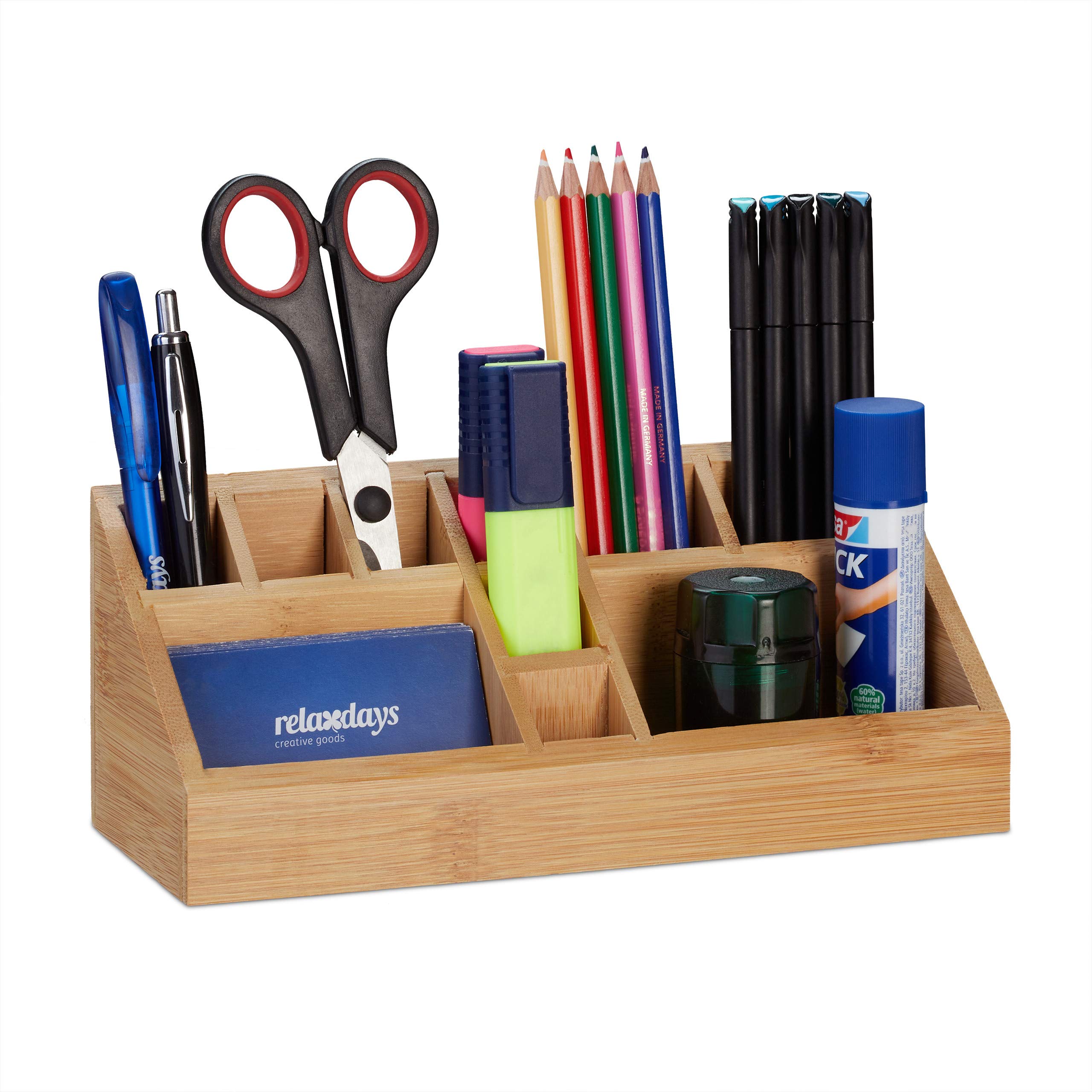 Relaxdays Desk Organiser, 10 Compartments, H x W x D: 9.5 x 23 x 9 cm, Bamboo, Natural