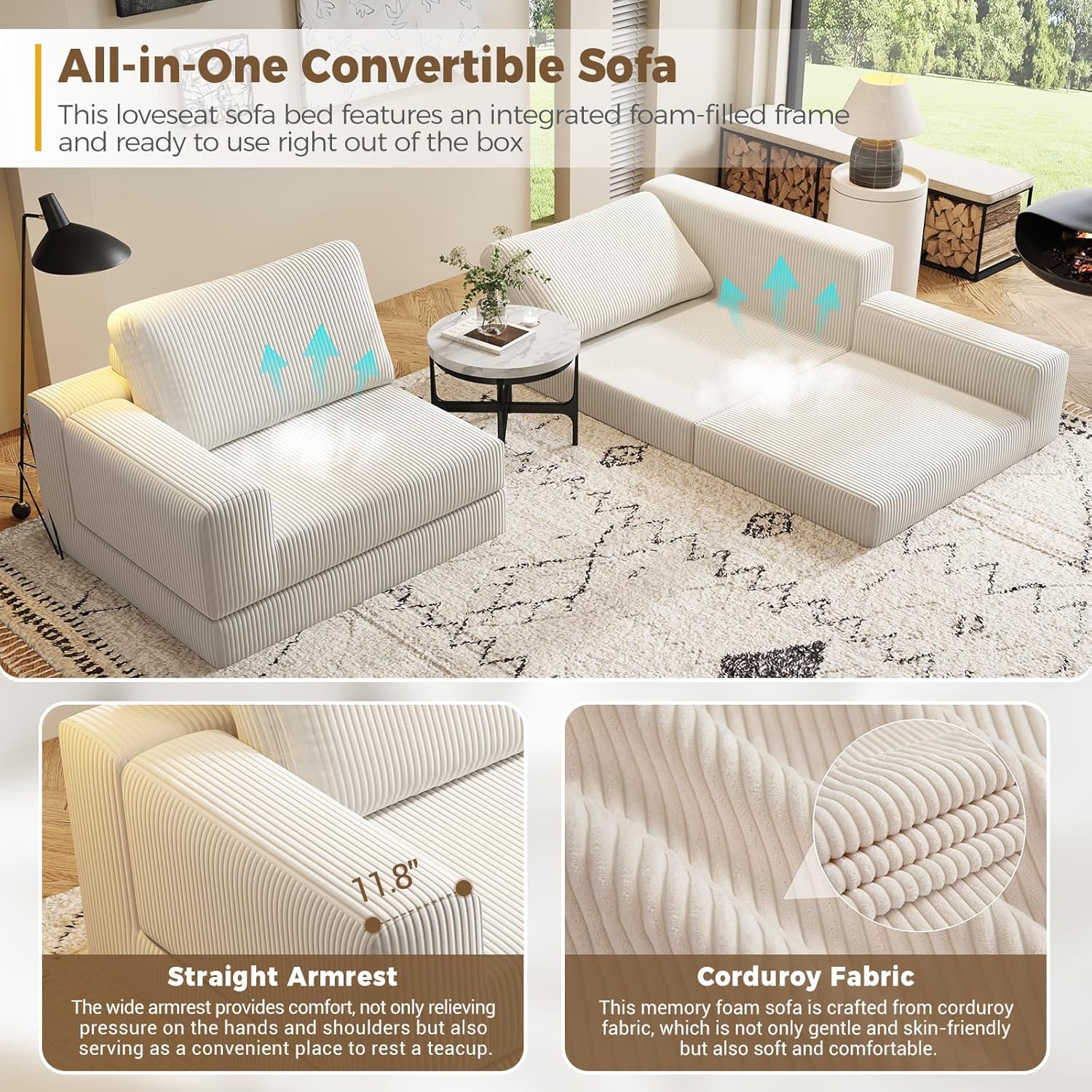 78" Convertible Loveseat Sofa, Corduroy Futon Couch with Deep Seat & Wide Armrest, Boneless Sectional Sofa Bed for Living Room, Bedroom, Guest Room, Office (Beige, Loveseat)