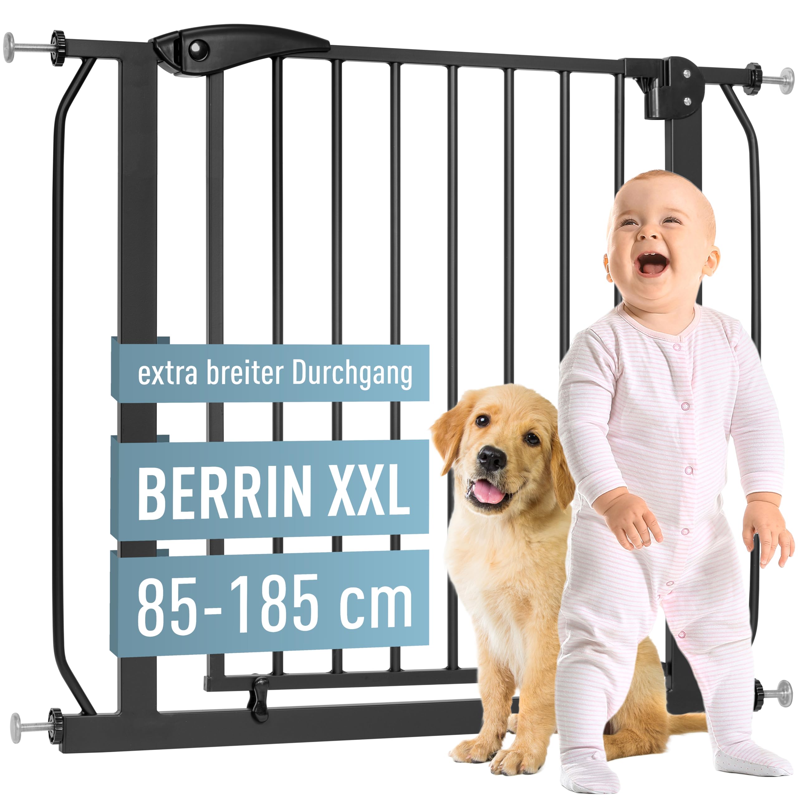 ib style Berrin XXL Absperrgitter 85-185cm, Ohne Bohren, Türschutzgitter Kinder, Hunde Gitter, Schwarz, 150-160 cm