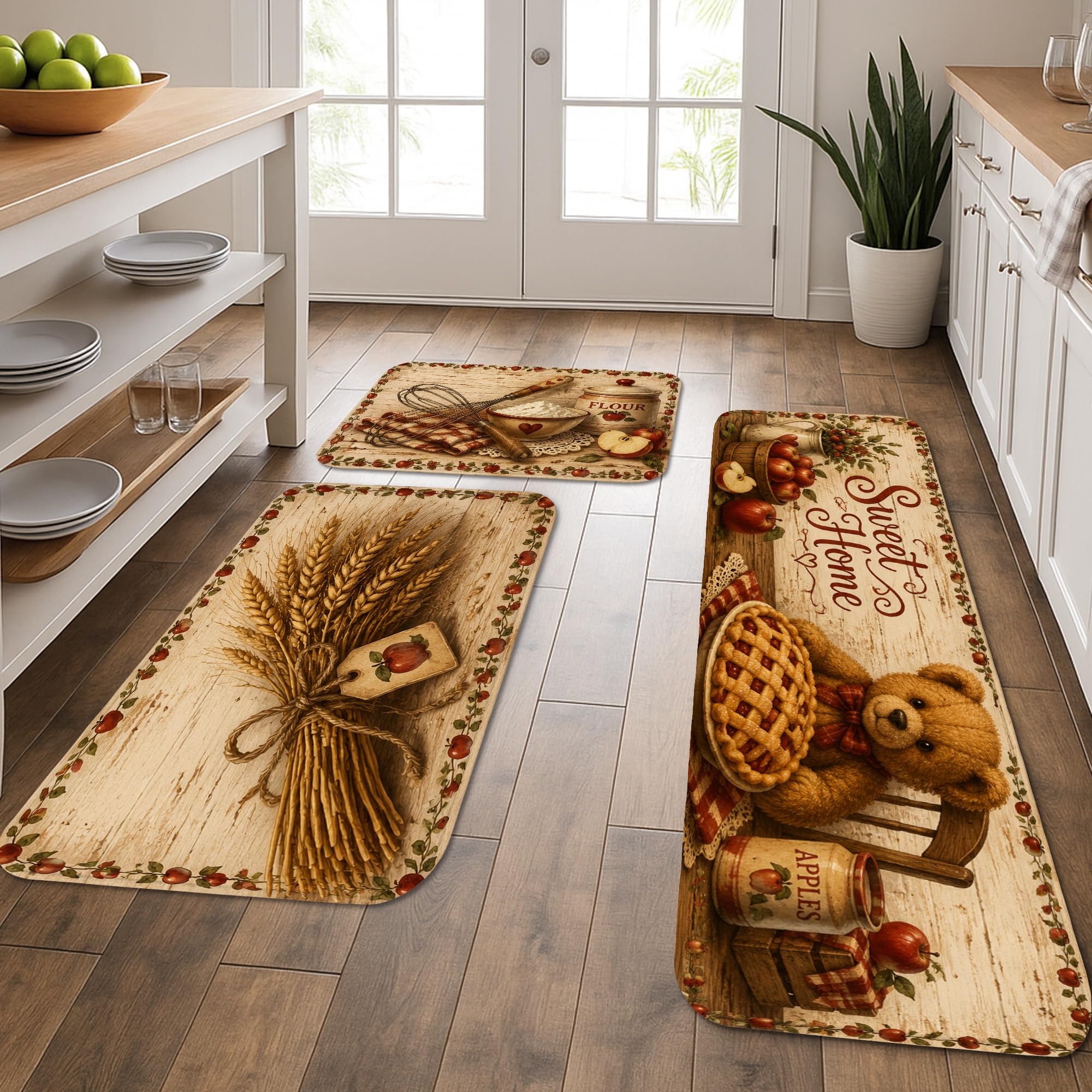 Lot de 3 tapis de cuisine de ferme motif blé rustique pour sol lavable