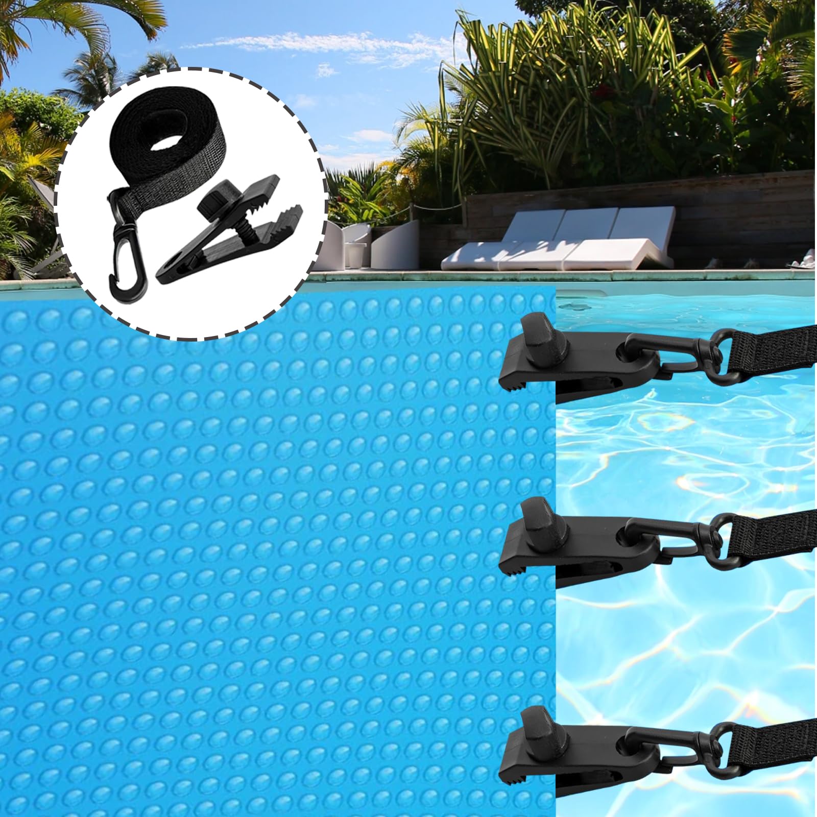 8 Piezas Enrollador Piscina Juego Bandas sujeción Accesorios Correas Cobertor Solar Carrete Carpas Piscina Cubierta con Energía Solar Prueba Viento Camping Beach Garden