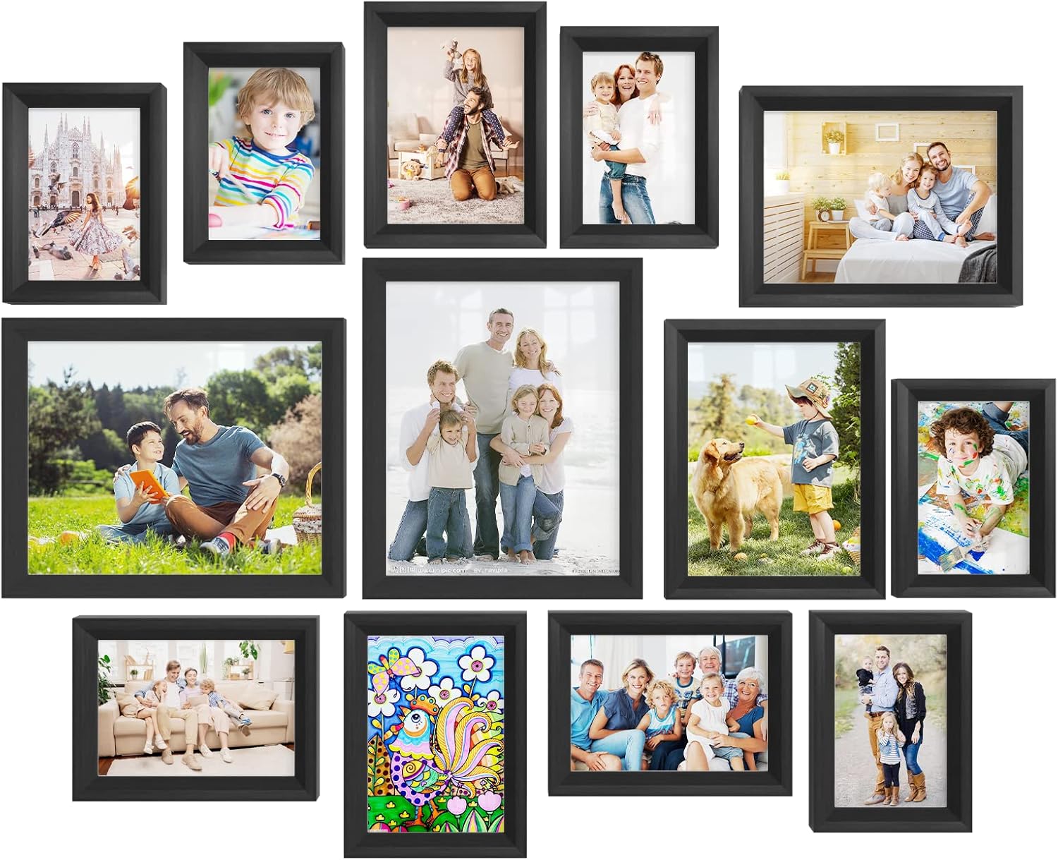 Black Picture Frame Set, Made of Solid Wood, Photo Collage