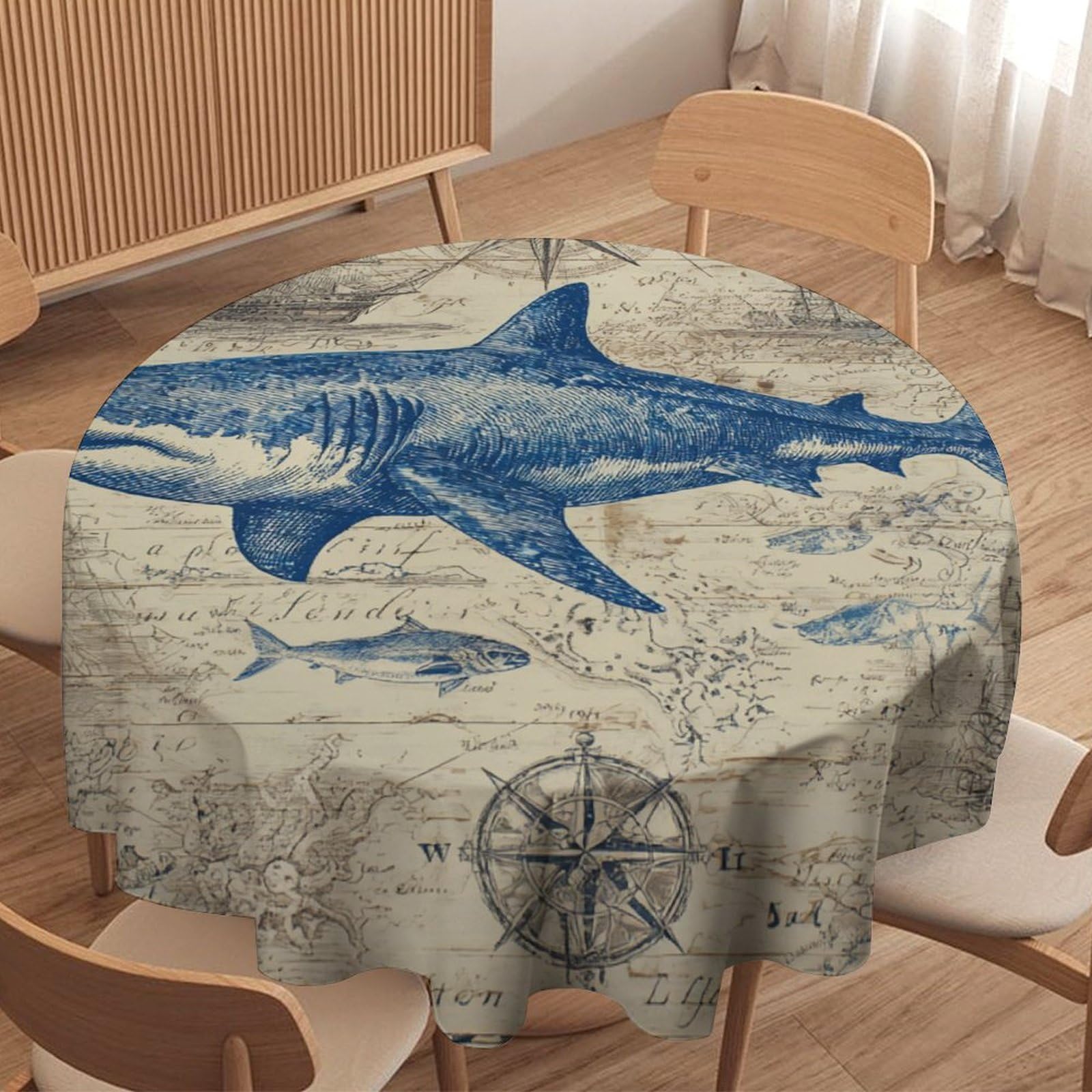 LUYYSKY Funny Rustic Underwater Shark Waterproof Round Tablecloth Retro Aesthetic Antique Map Compass Ship Fish Shark Washable Table Cover for Kitchen-91.4" Wx91.4 L cm