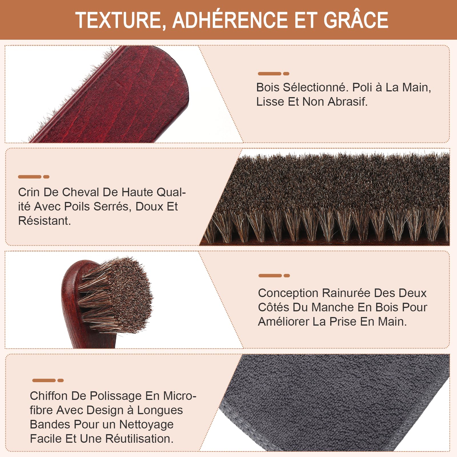 Kit 4 Pièces Brosse à Chaussures 100% CRIN de Cheval Set Entretien Cuir Bois de Hêtre Nettoyage Daim Sneakers Bottes Brosse à Luire Applicateur Chiffon Polissage Doux Naturel Cadeau Homme Coffret