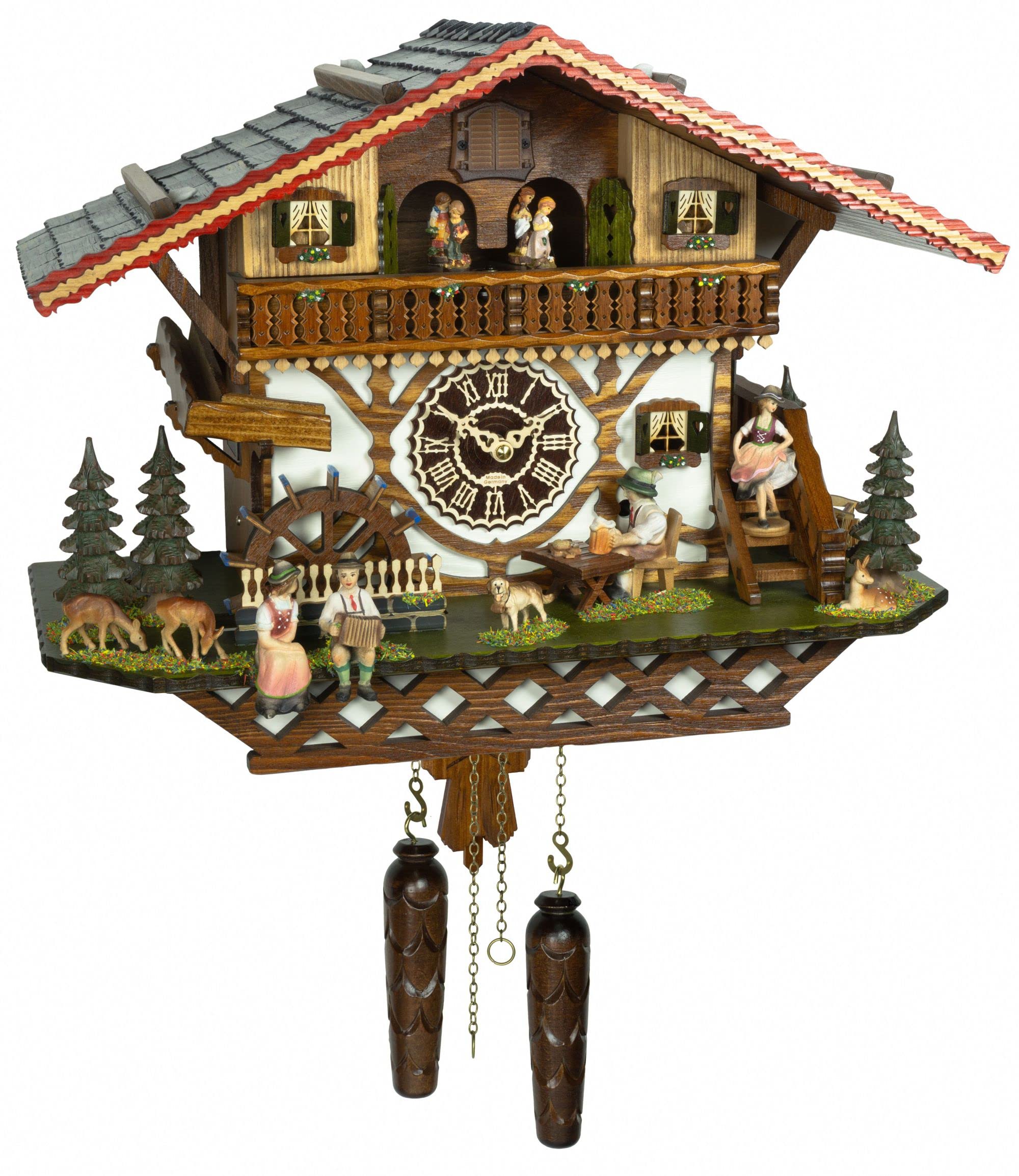 Trenkle Quartz Cuckoo Clock Black forest house with music, moving beer drinker, turning water milll and dancers