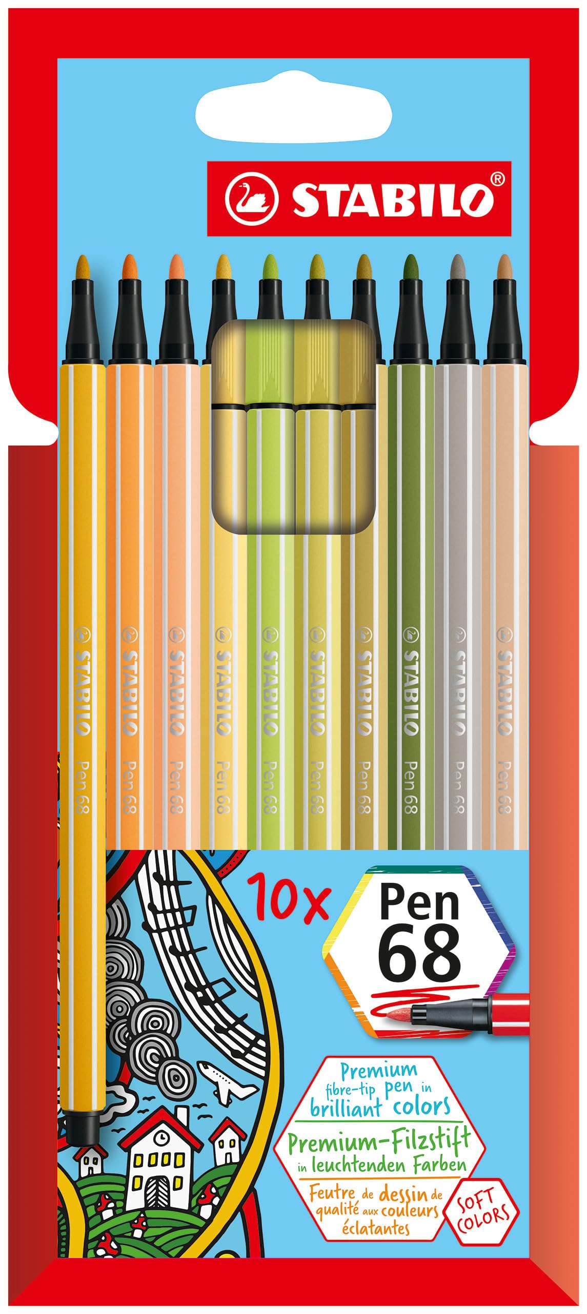 STABILO Premium Fibre-Tip Pen Pen 68 - Pack of 10 - Assorted Colours