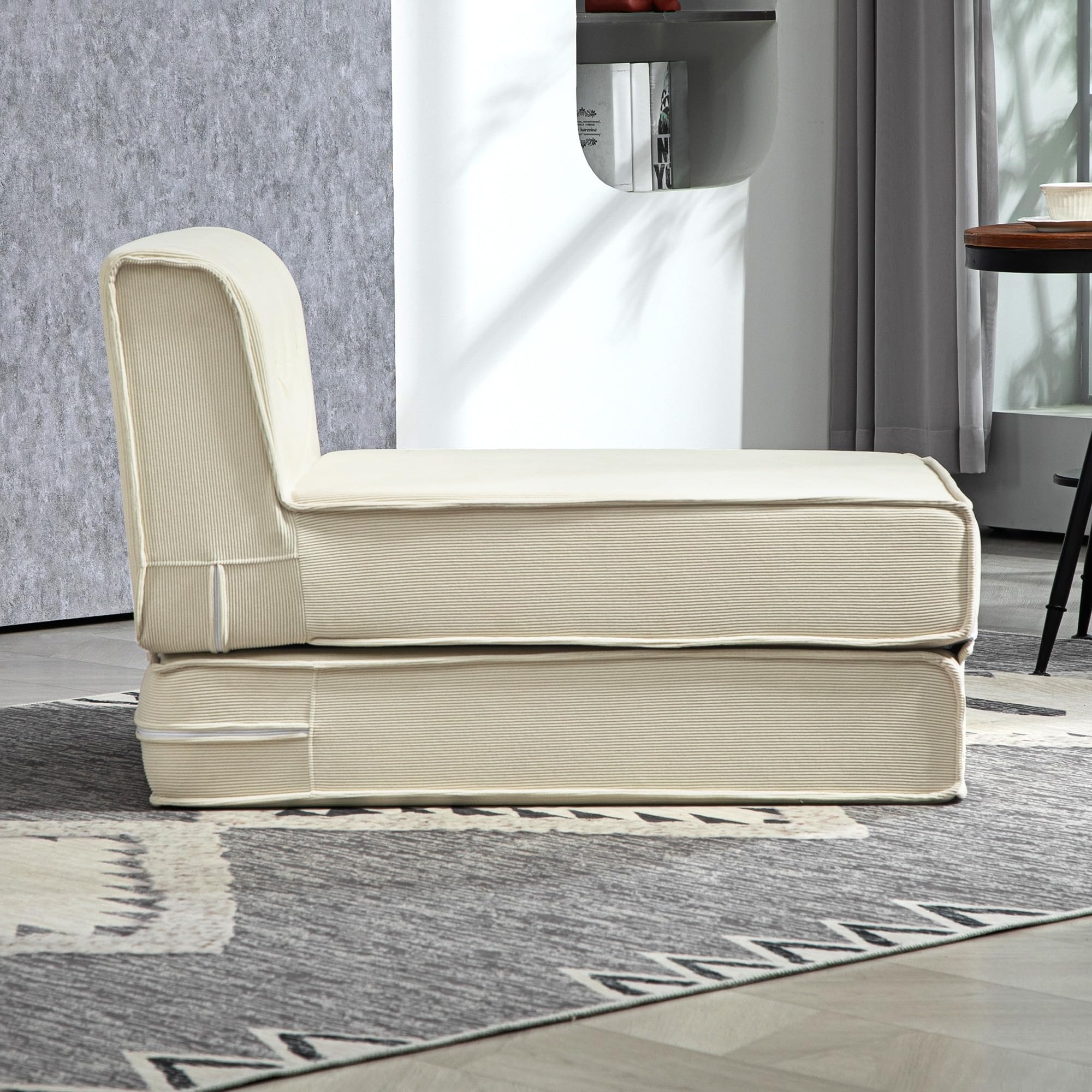 HOMCOM Fauteuil Convertible 1 Place Fauteuil Paresseux chauffeuse Une Place - Dossier capitonné, Matelas Pliable - pour invités, Salon, Charge 240 kg, Velours côtelé crème