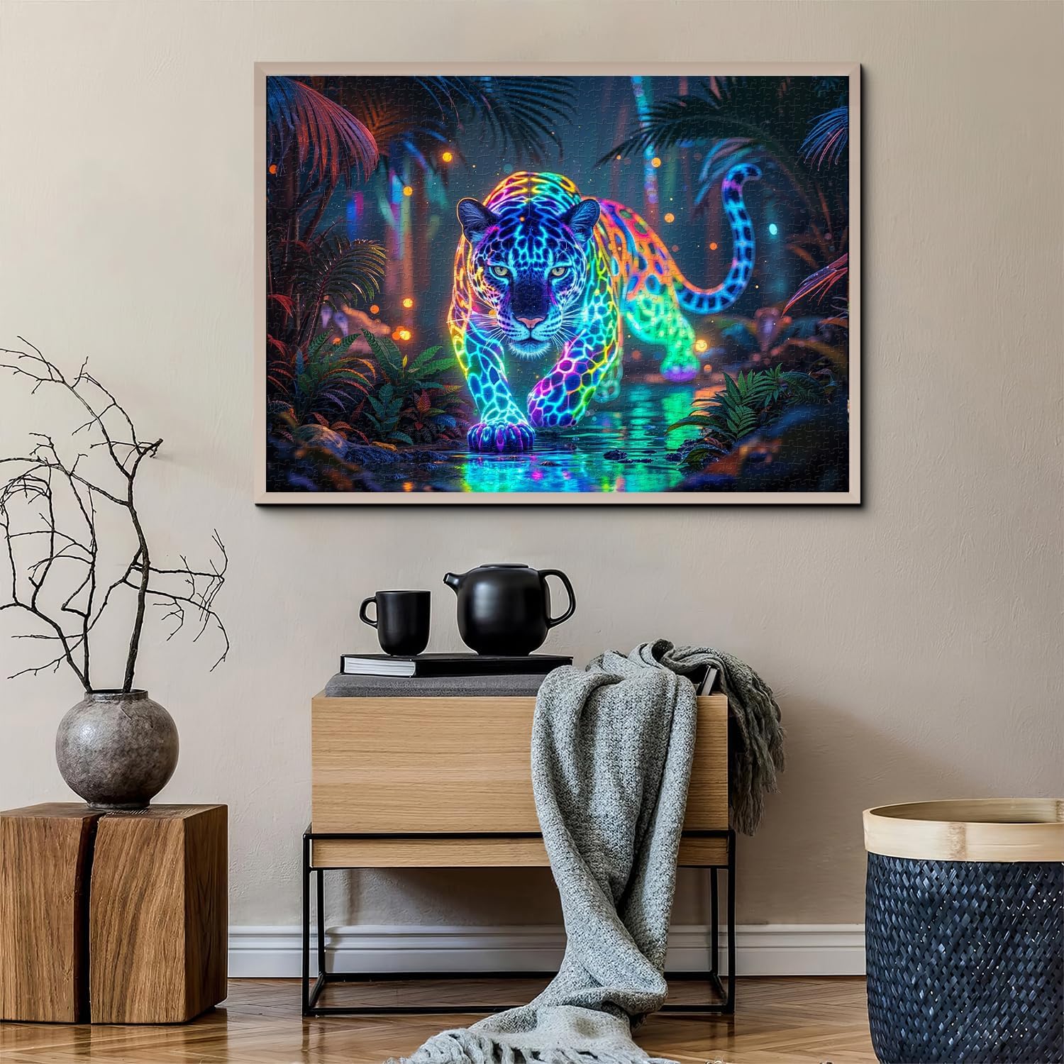 Wild Leopard Puzzles for Adults 1000 Pieces, Neon Jungle Forest Wildlife Jigsaw Puzzles, Colorful Hunting Animal Puzzle