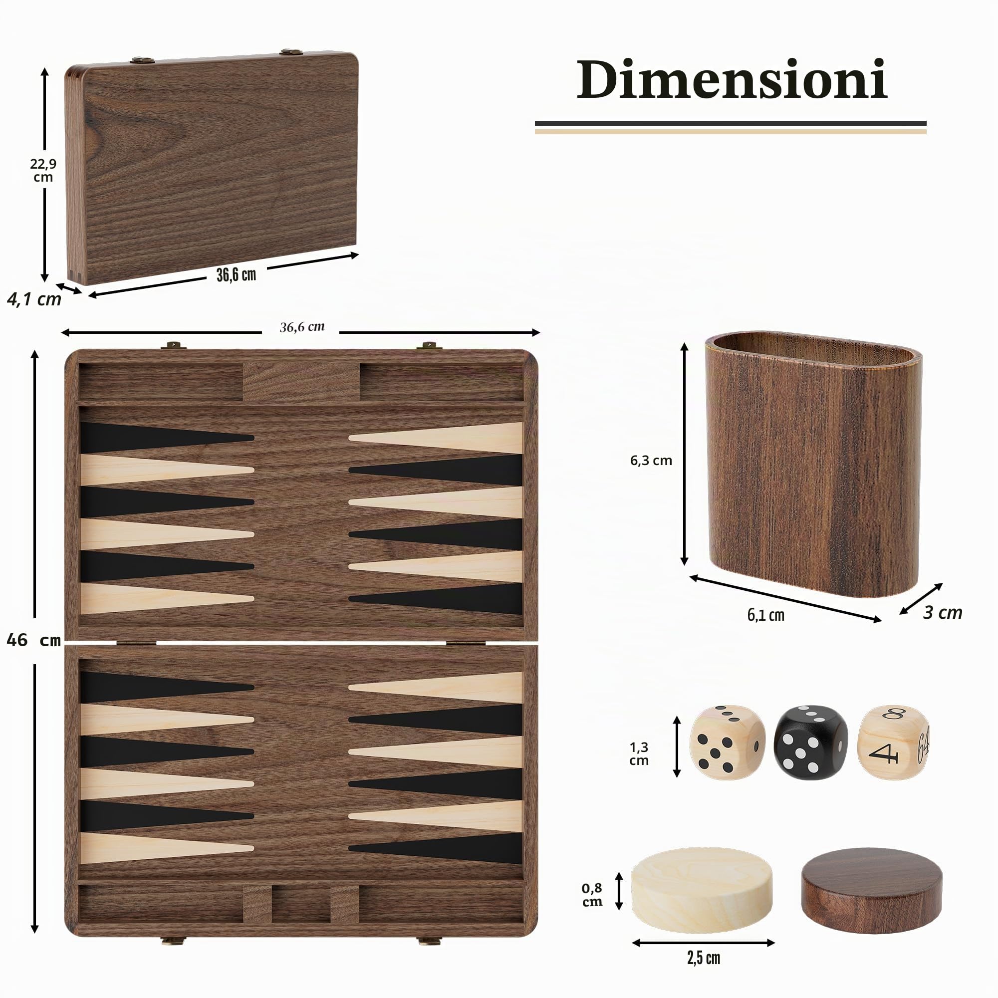 Gioco di backgammon di alta qualità in legno di noce nero - Gioco da viaggio di lusso (con dadi e raddoppio)
