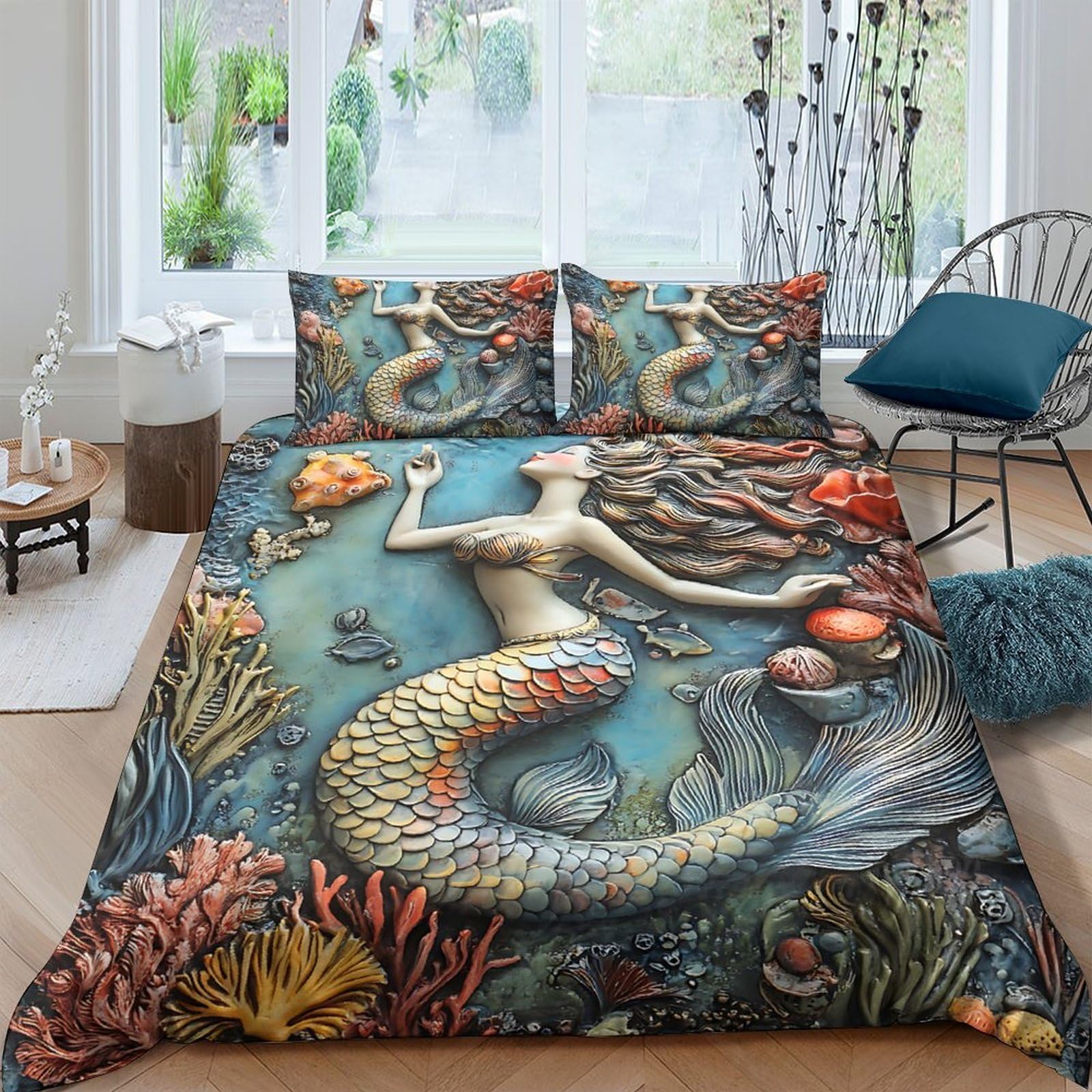 TUFRTGYHN 3D Printed Mermaid Ocean Duvet Cover Set Microfiber Soft Breathable Coral Reef Bedding with 2 Pillowcases for Bedroom Single（135x200cm）