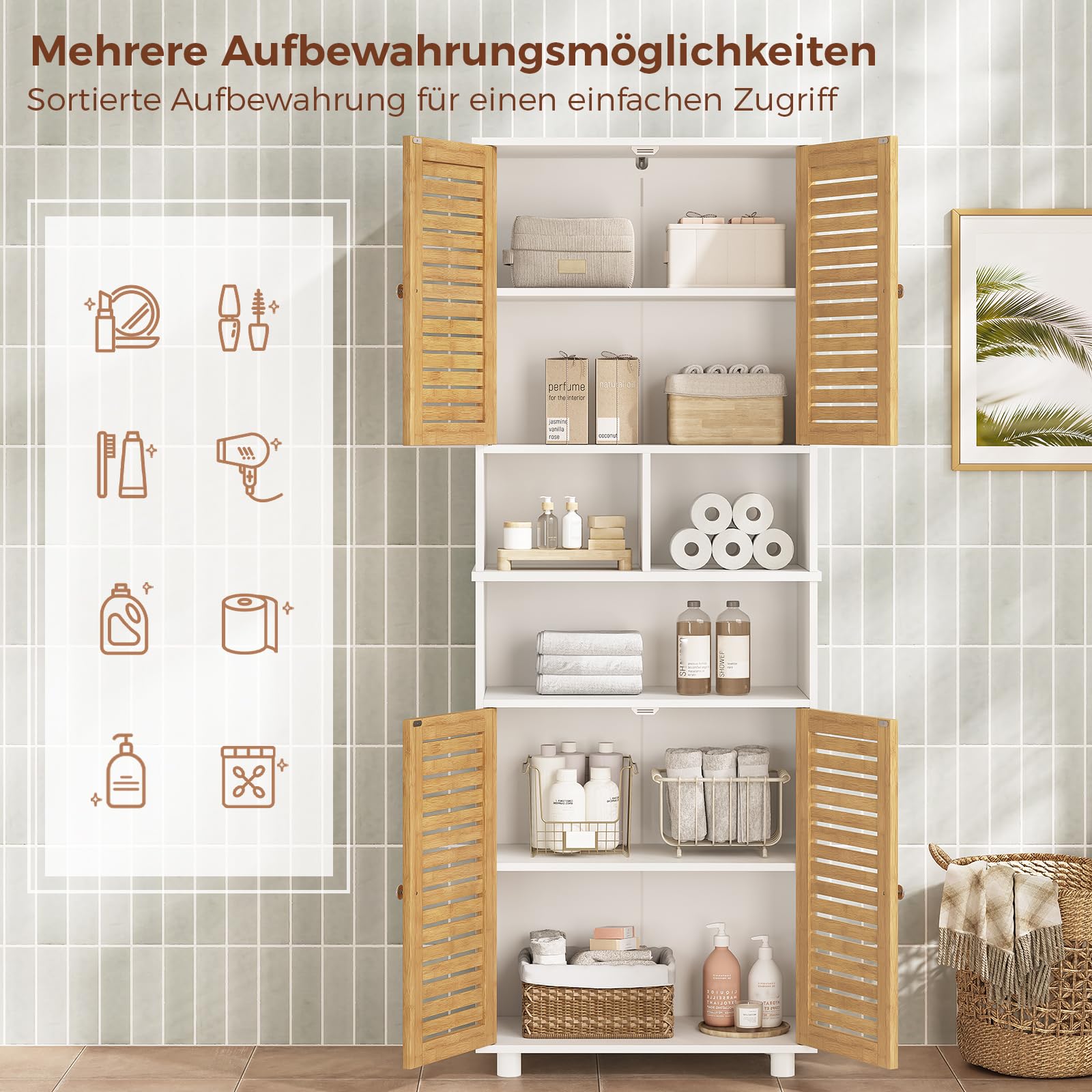 Badezimmerschrank hoch, Badezimmer Hochschrank mit 3 offenen Fächern und verstellbaren Ablagen, Badschrank mit 4 Bambustüren, Bad hochschrank für Wohnzimmer, Küche und Bad, 60 x 30 x 170 cm