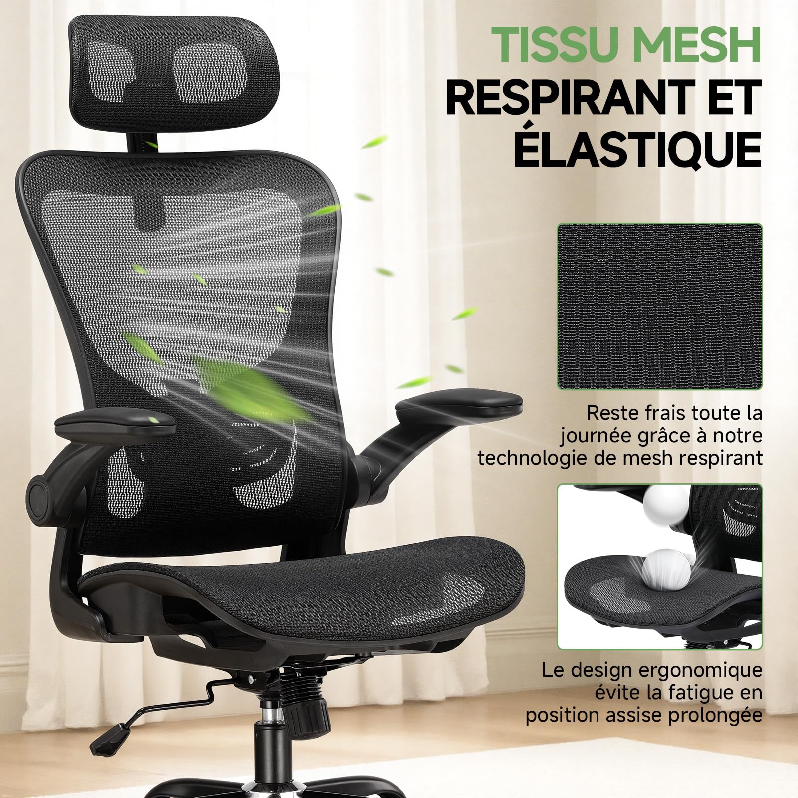 GTPLAYER Chaise de Bureau Ergonomique, Fauteuil avec Appui-tête Réglable, Accoudoirs Rabattables, Soutien Lombaire,Chaise de Gaming Fonction Bascule, Siège Rembourré en Maille Respirante,150 kg (Noir)
