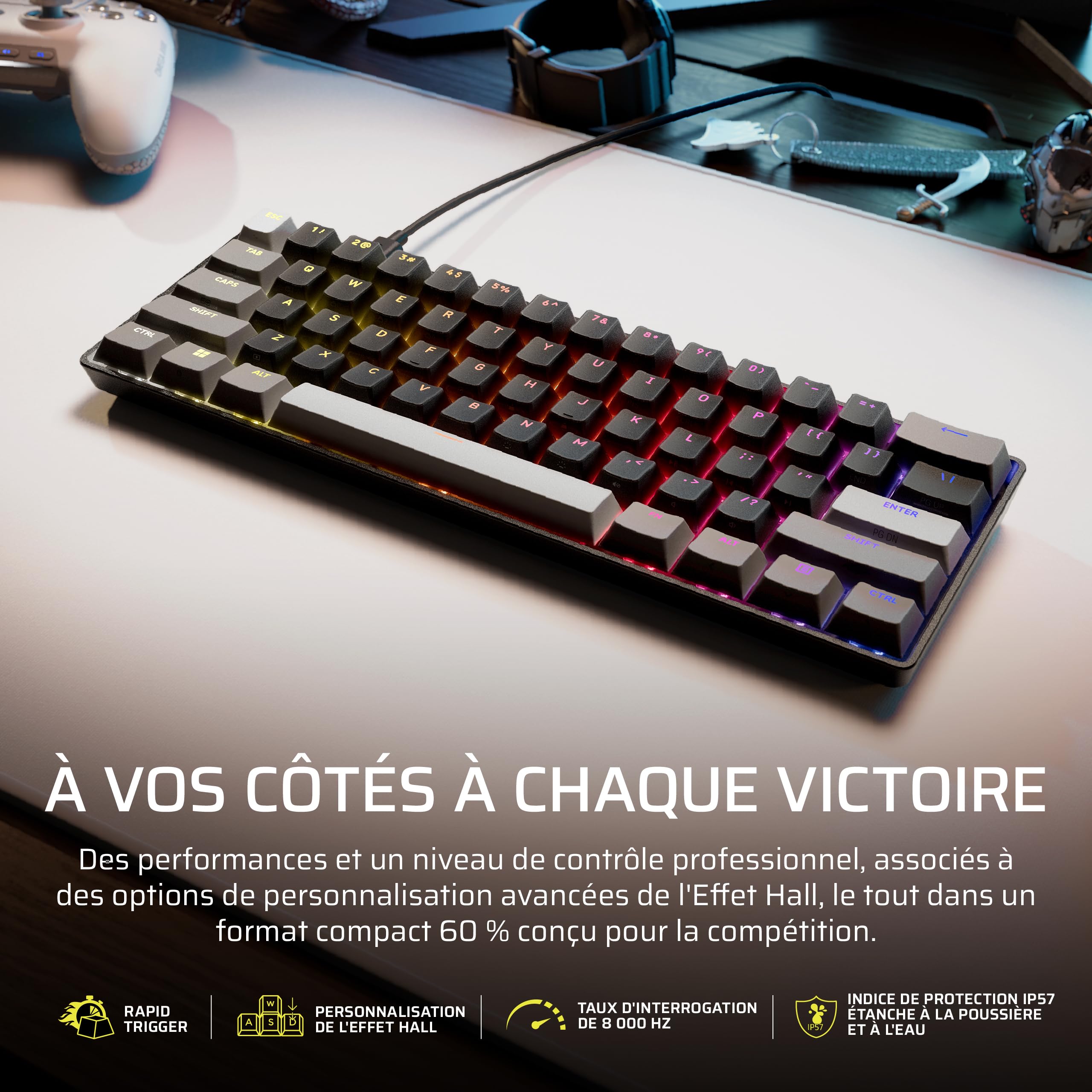 Corsair Clipper Pro Mini 60 Clavier Gaming FPS à Effet Hall – Noir | Disposition AZERTY FR, Rapid Trigger, SOCD, 8 000 Hz, Actionnement Réglable, IP57 Étanche, Filaire, RGB, Pour PC et Mac