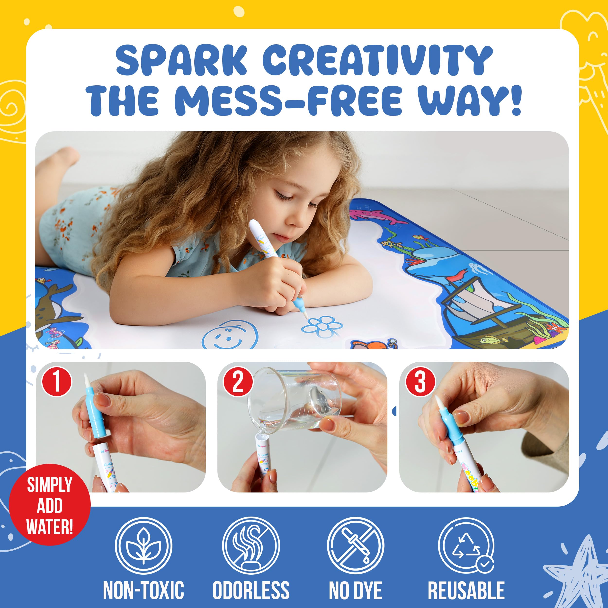 Water Doodle Mat, Sea Life 100 x 80cm, Mess-Free Water Drawing Mat for Kids Ages 3-8 with Roller, Stamp Markers, Water Pens - Image 4