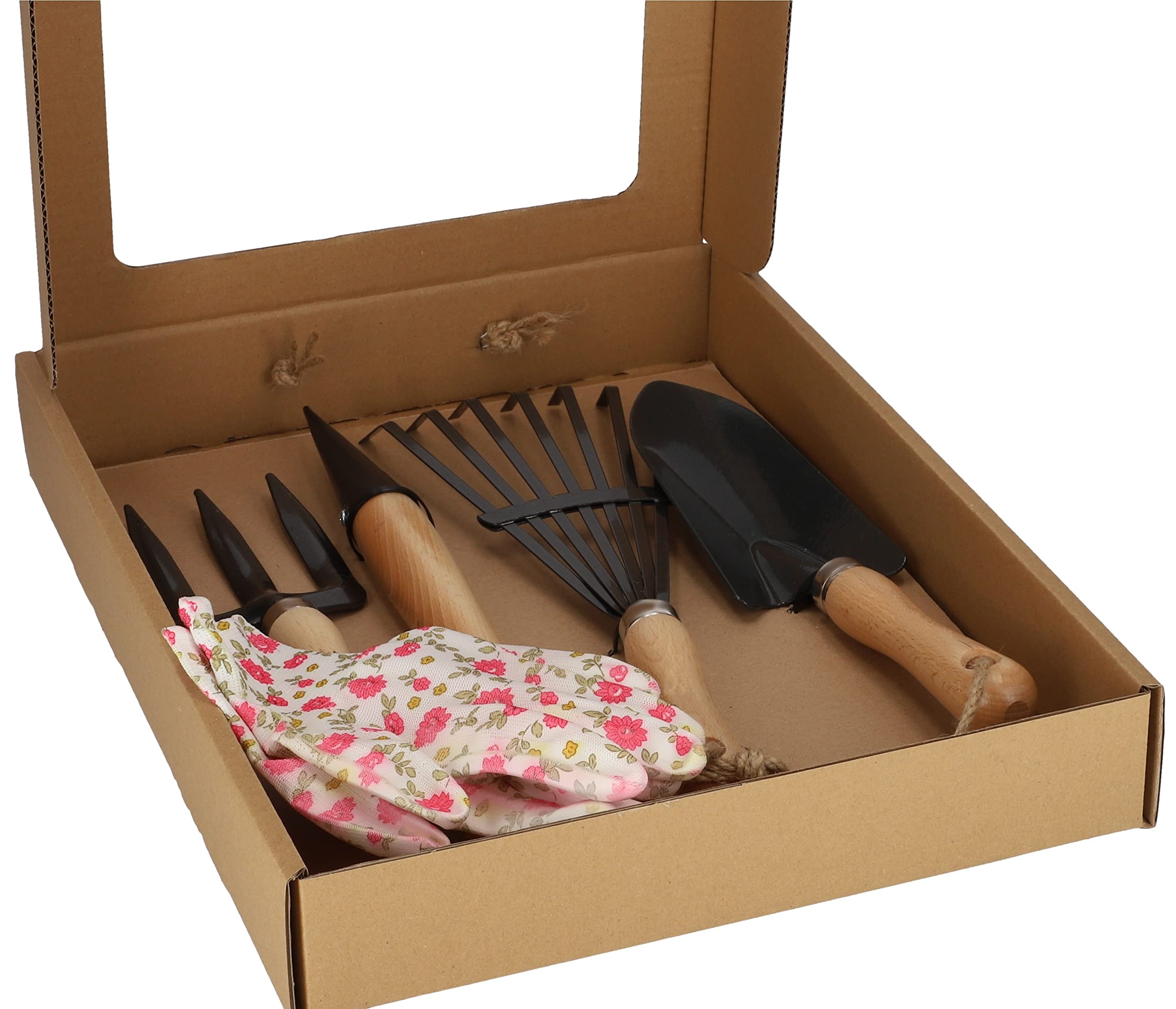 KOTARBAU® Set di 5 Piccoli Attrezzi da Giardinaggio Rastrello Forchetta Cazzuola e Guanti con Manico in Legno Universale per Giardino Accessori da Giardino Strumenti Utensili da Giardinaggio