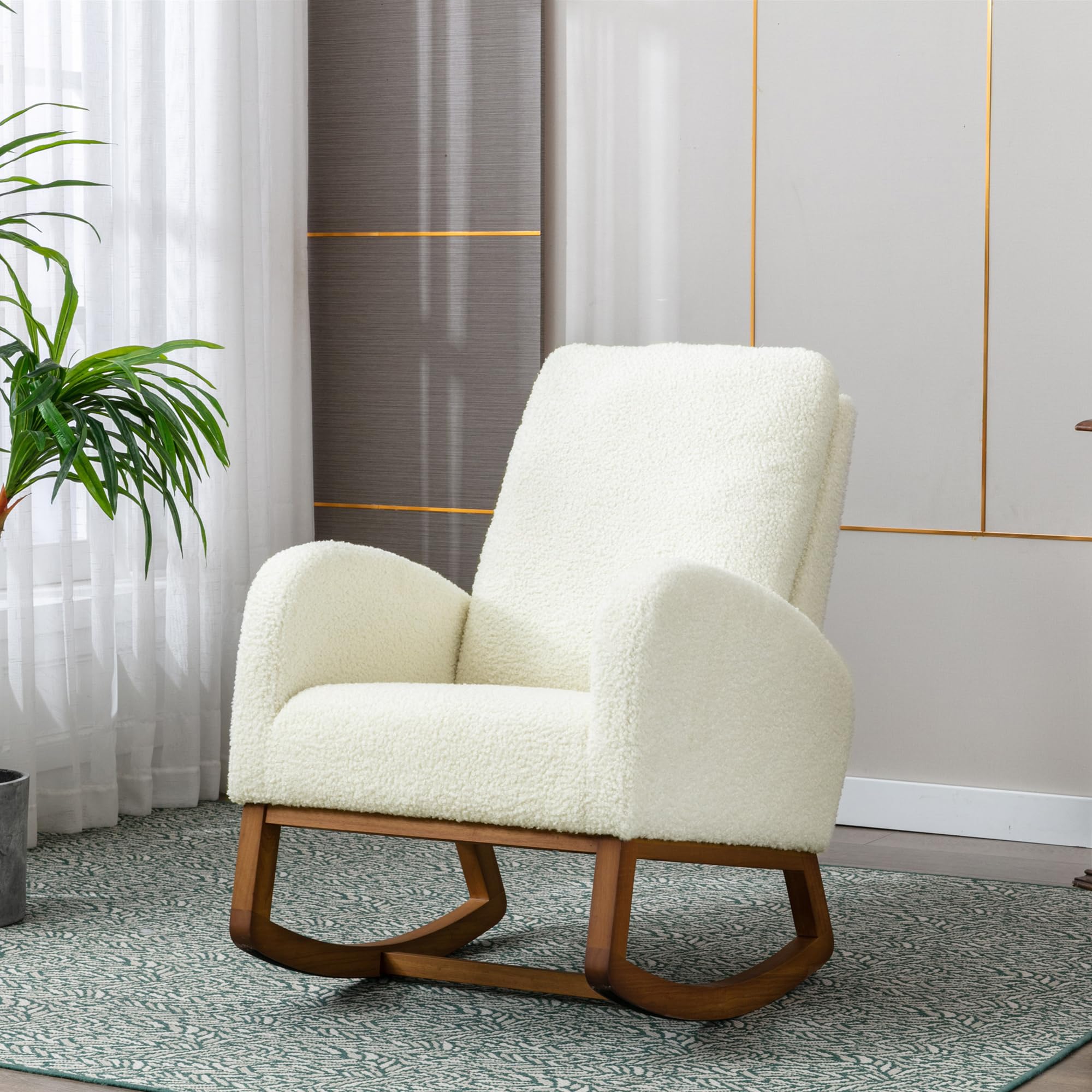 Sedia a dondolo moderna, imbottita, per cameretta dei bambini, comoda poltrona con tasca laterale, poltrona da soggiorno con schienale alto (Bianco)