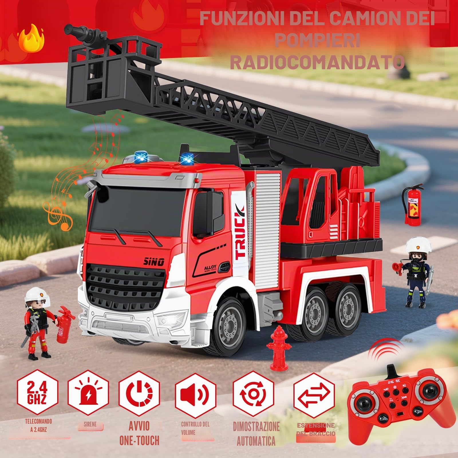 PATEMZON Camion Pompieri Giocattolo, Camion dei Pompieri con Spruzzi D'acqua, 60CM Scala Girevole e Accessori Giocattolo, Luci e Suoni, Autopompa 2.4GHz Regali per Bambine e Bambini Dai 3 Anni