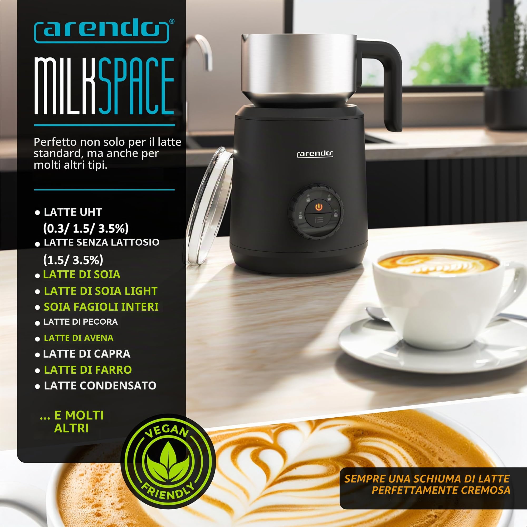 Arendo - Montalatte a induzione - Montalatte elettrico a induzione senza bruciatura - fino a 400 ml - Schiuma di latte calda e fredda - 4 temperature - Milk Spugna Caffè Latte Cappuccino