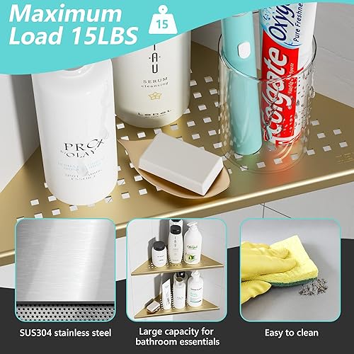 Miniatura 4 de Qeke Paquete de 2 estantes esquineros de baño, estante de ducha empotrado de 12 pulgadas, estante de acero inoxidable SUS304 triangular, sin