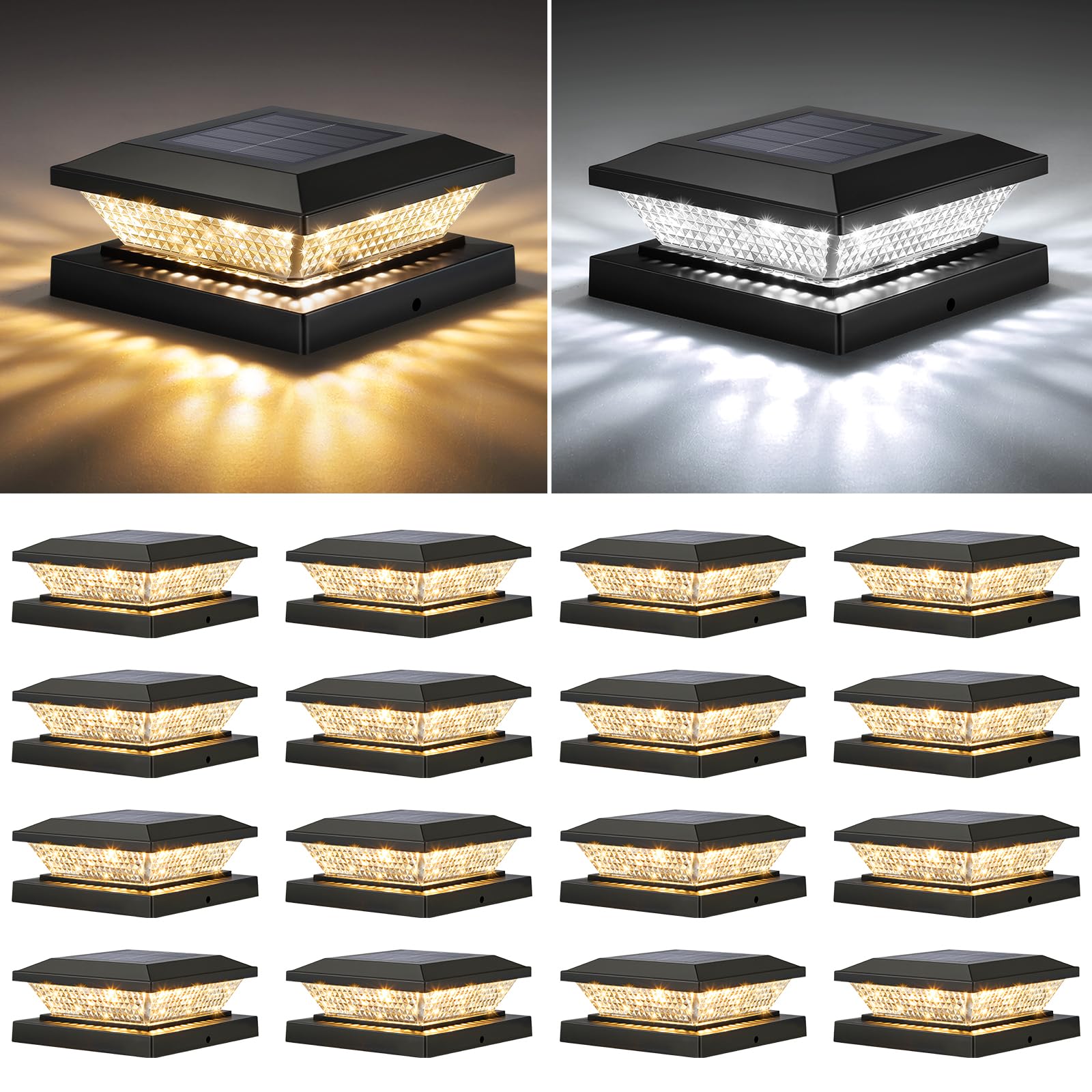 mlambert 4x4 solar post cap lights outdoor 16 pack, waterproof solar fence light for wooden/vinyl post, 2 color outside deck patio porch decor, black