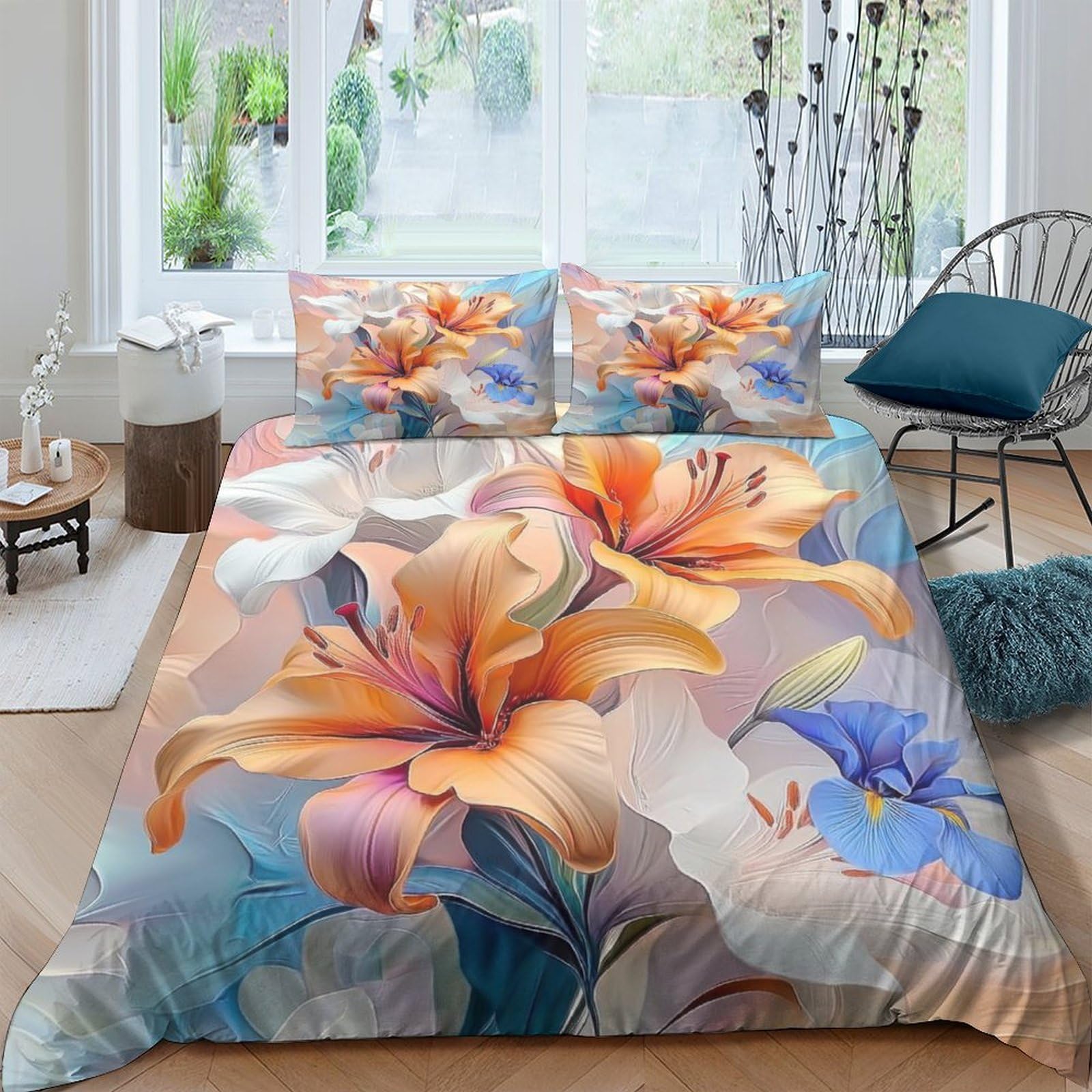 Ctjqhvkz Style-9 3D Printed Orange Lily Fitted Sheet Microfiber Soft Bedroom Decor Blue Floral Mattress Cover For Home Dorm Single（135X200cm）