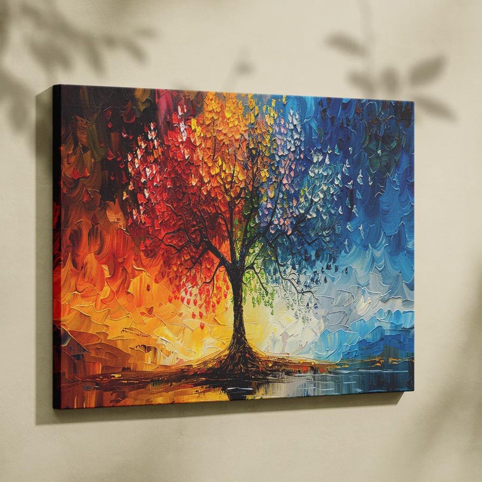 CAOXTART Drzewo życia, sztuka ścienna, abstrakcyjny kolorowy obraz na płótnie na cztery pory roku, tęczowa grafika, do dekoracji domu, plakaty i nadruki (20 x 30 cm, ramka wewnętrzna)