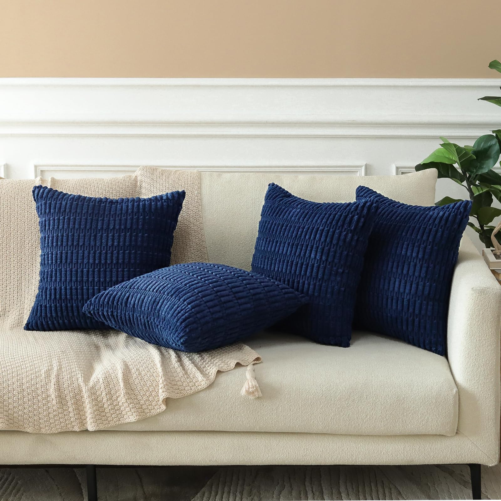 Sungeek Set of 4 Soft Corduroy Decorative Cushion Covers 60x60cm Square Striped Throw Pillow Covers 24x24 Inch for Sofa Couch Living Room Patio Farmhouse Boho Home Decor Pillowcases (Navy Blue) - Image 3