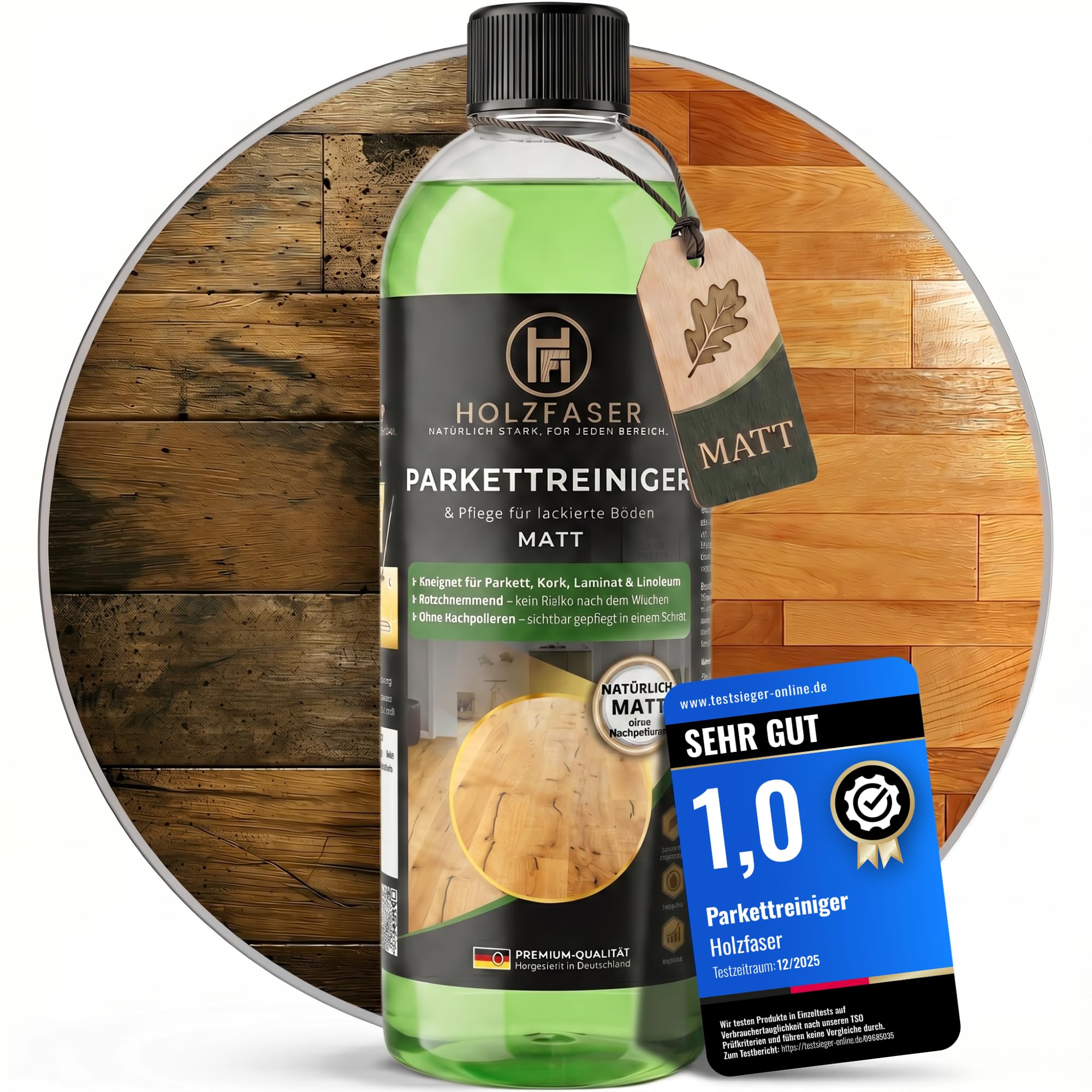 Holzfaser Parkettreiniger MATT/GLÄNZEND – 3-in-1 Konzentrat 1 L für versiegelte Parkett- & Holzböden, Parkett Pflege, Laminat & Kork | streifenfrei ohne Nachpolieren, rutschhemmend