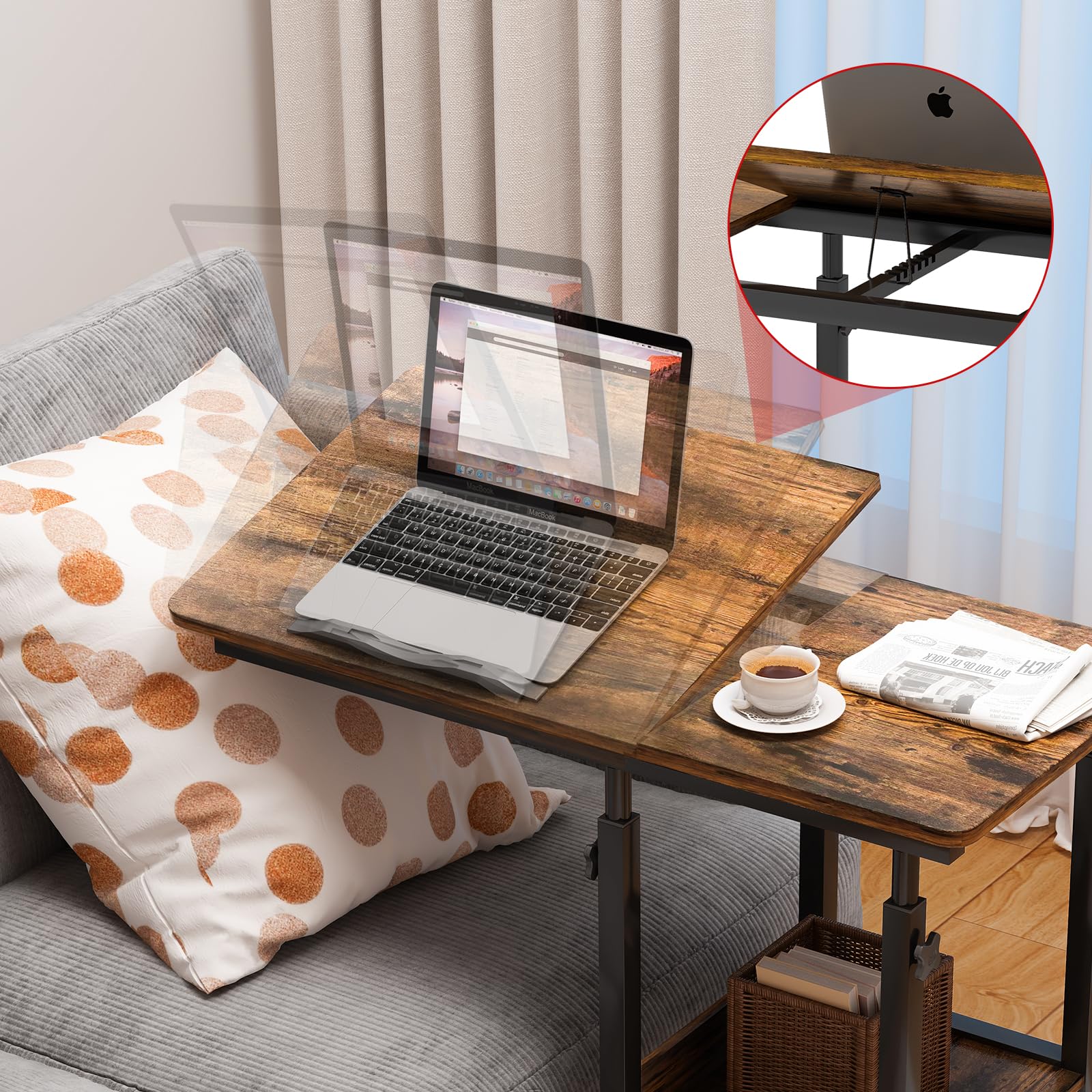 Tavolino con ruote, regolabile in altezza, tavolo per computer portatile, altezza regolabile, il desktop può essere capovolto, tavolino con ruote, tavolino da caffè, camera da letto, 80x40cm