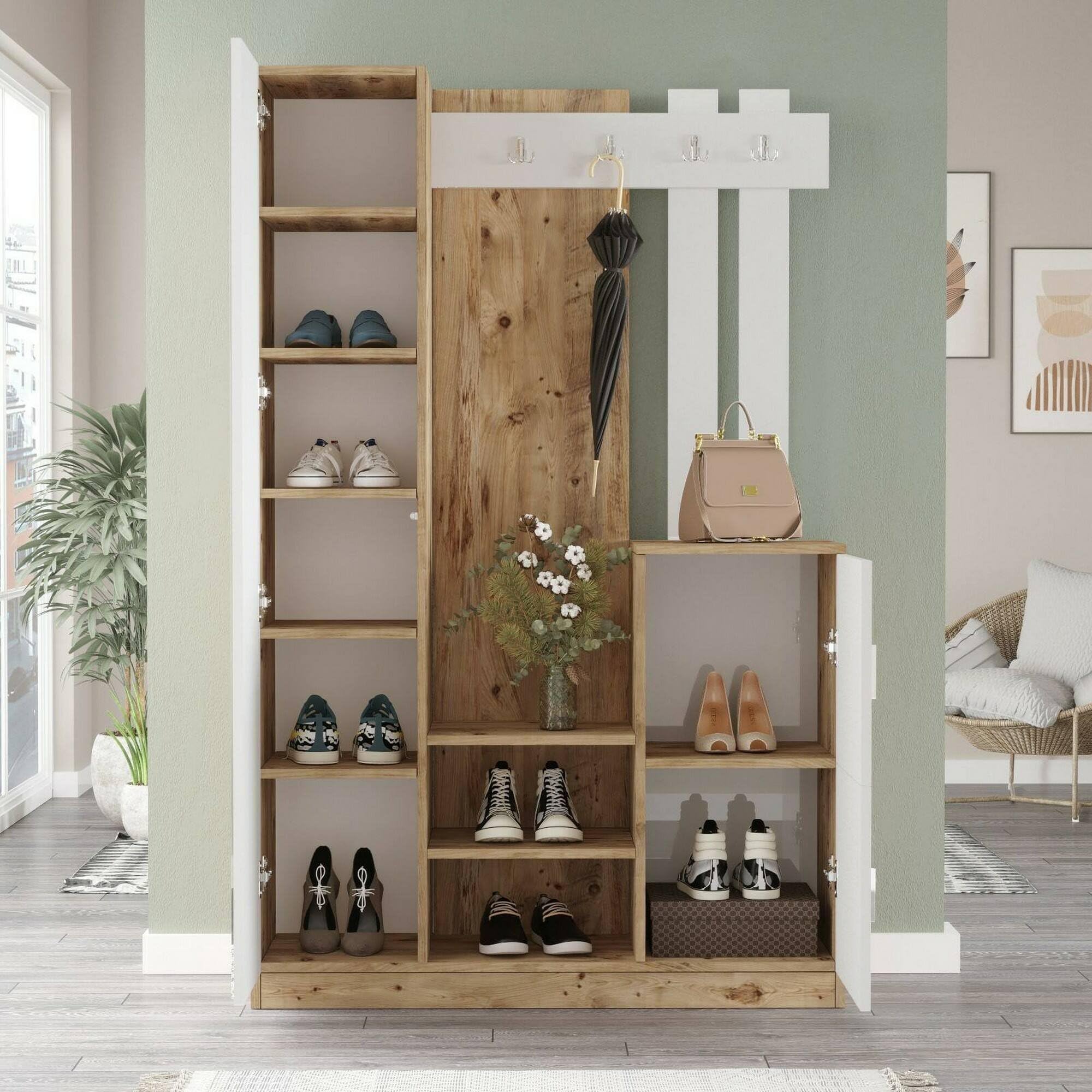 Dmora Mobile da Ingresso Australis, Entratina Appendiabiti, Composizione per atrio, Consolle portaoggetti Multifunzione, 114x38h180 cm, Quercia e Bianco