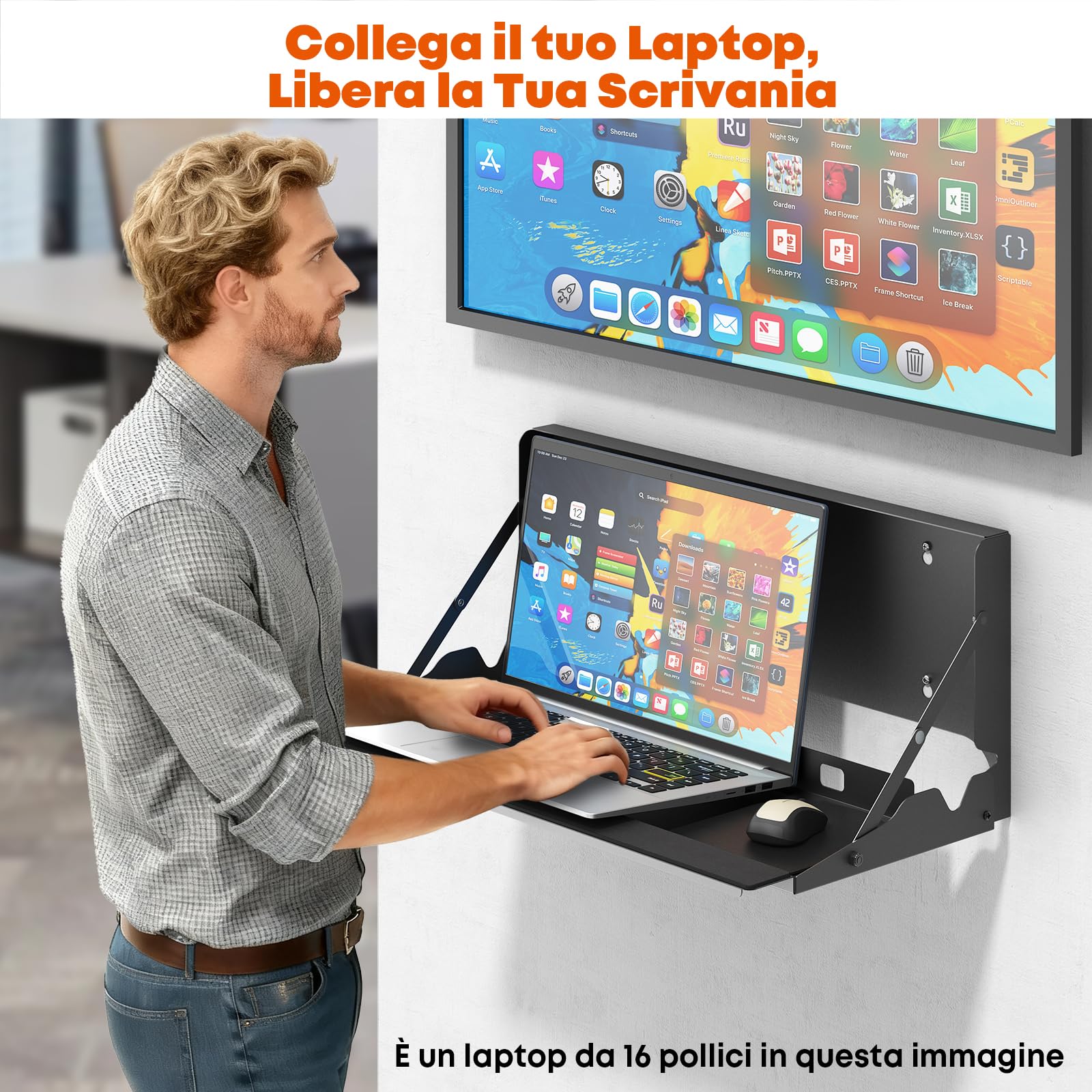 Vassoio Tastiera a Scomparsa da Parete Ergonomico 61cm - Piattaforma per Tastiera & Mouse da Ufficio e Casa , Portata 10 kg, Nero