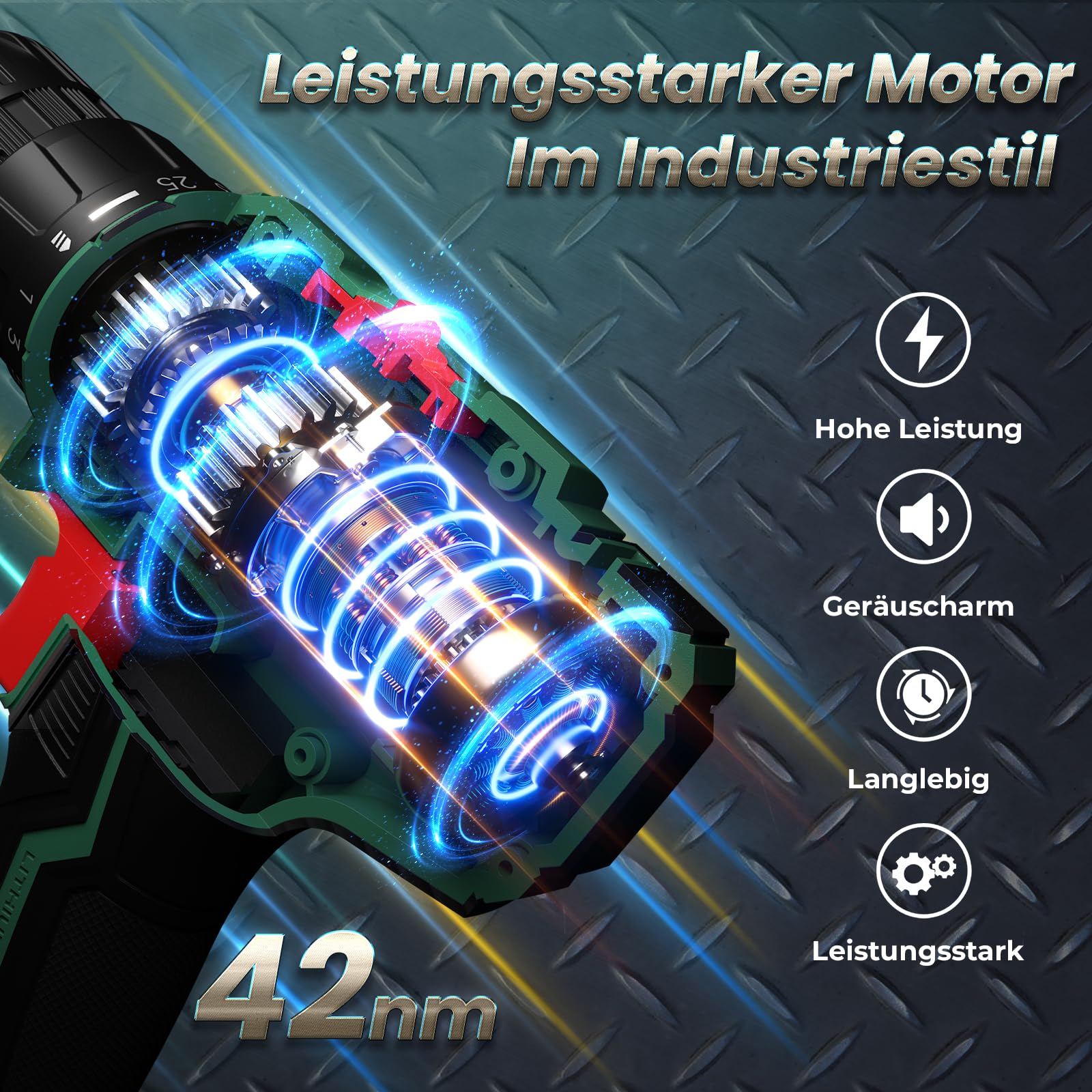 Akkuschrauber mit 2000mAh Akku, 20V Akku Bohrschrauber Set 42Nm Max, 2-Gang Akku-Bohrmaschine, Kompatibel mit Makita Akku, 25+1 Drehmomentstufen, 10mm Bohrfutter, LED-Licht, Für Reparatur und DIY Grün