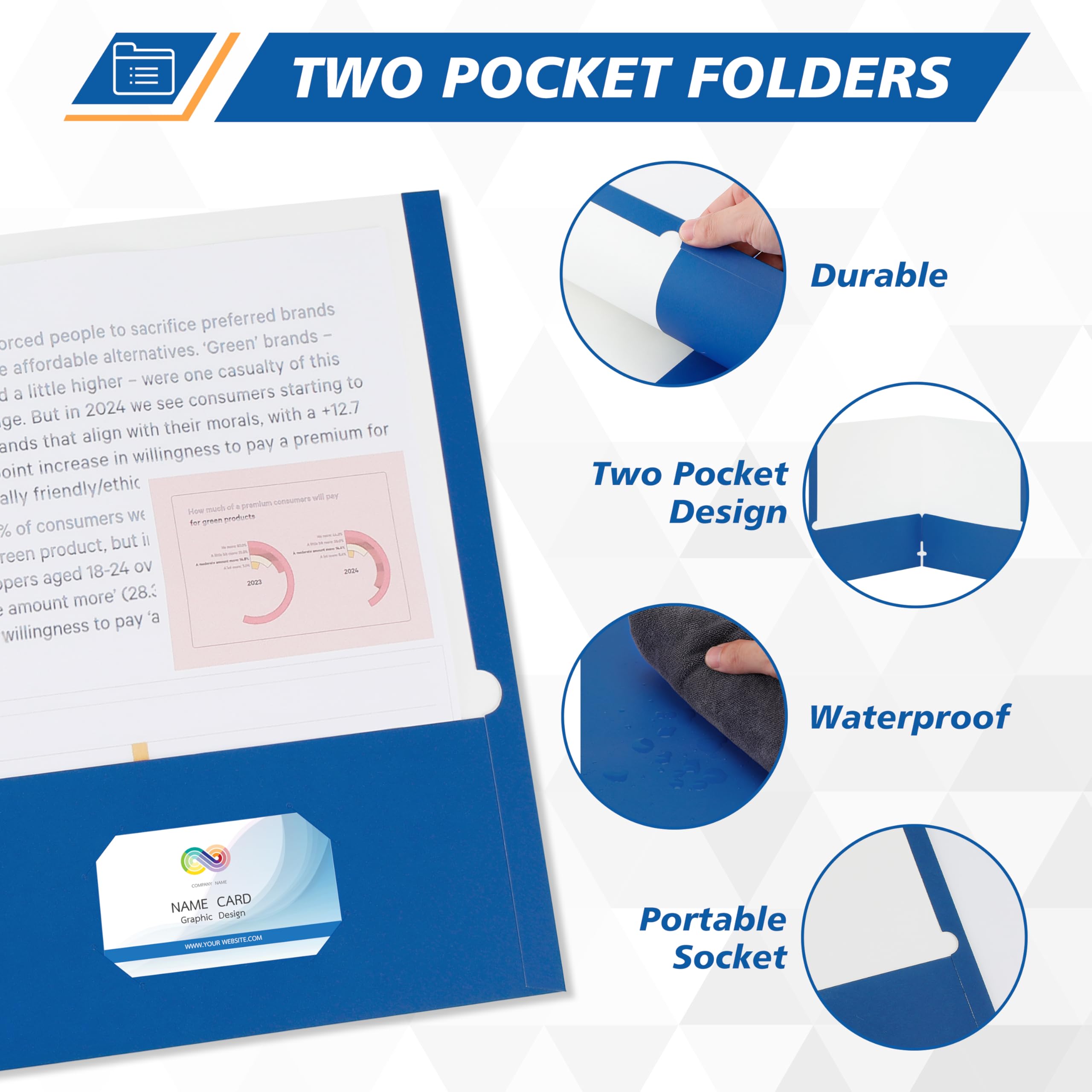 Dokumentenmappen mit 2 Fächern, zwei Taschen, mit Visitenkartenschlitz, blau, Briefgröße, Papierordner mit Taschen für Schule, Büro, Zuhause, Geschäft, 50 Stück