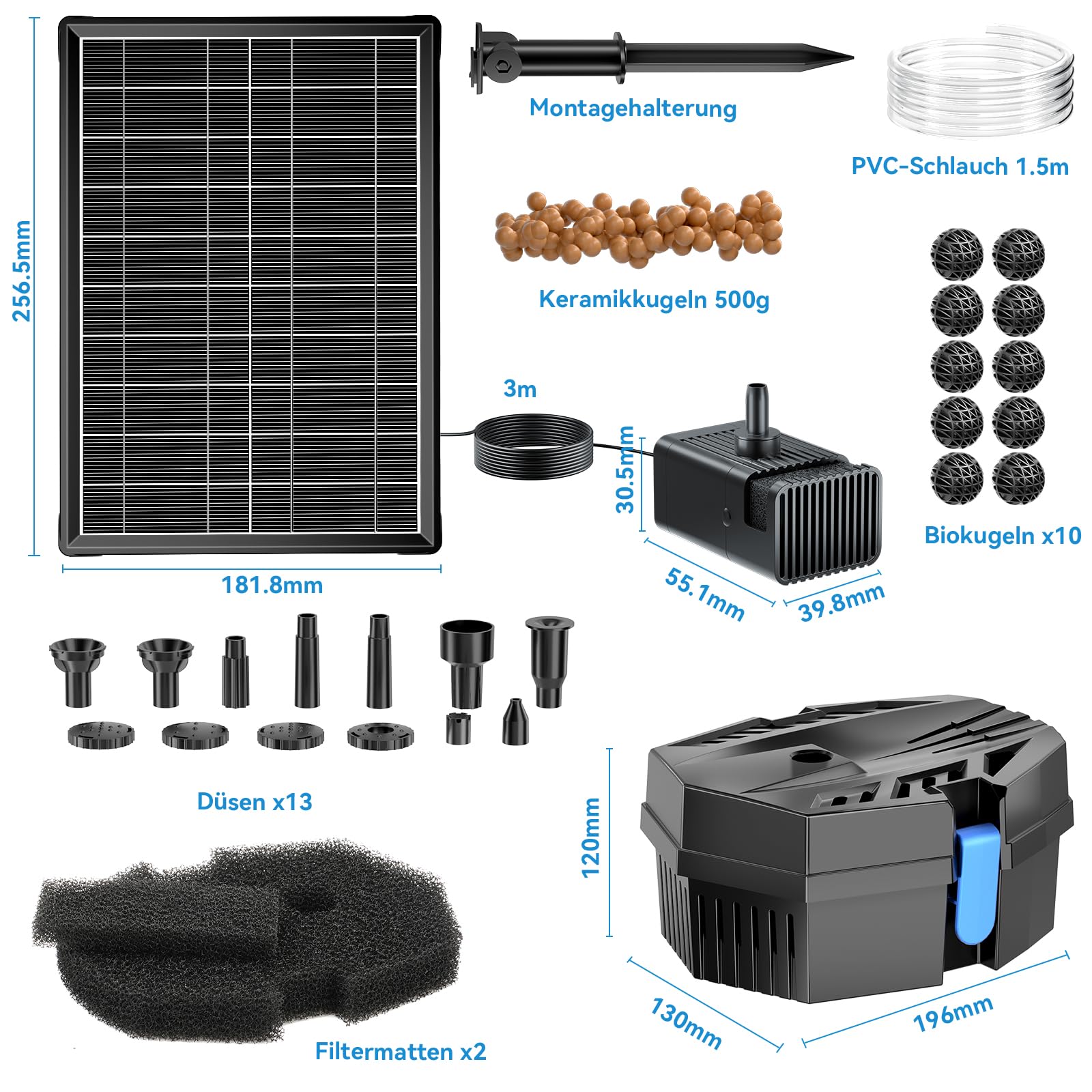 POPOSOAP Solar Springbrunnen mit Teichfilter – 8W Solarbrunnen & 3600mAh Batteriebackup, 8 Sprühmodi & 1,5 m Schlauch für kleine Außen-Teiche, Vogeltränken, Gartengewässer