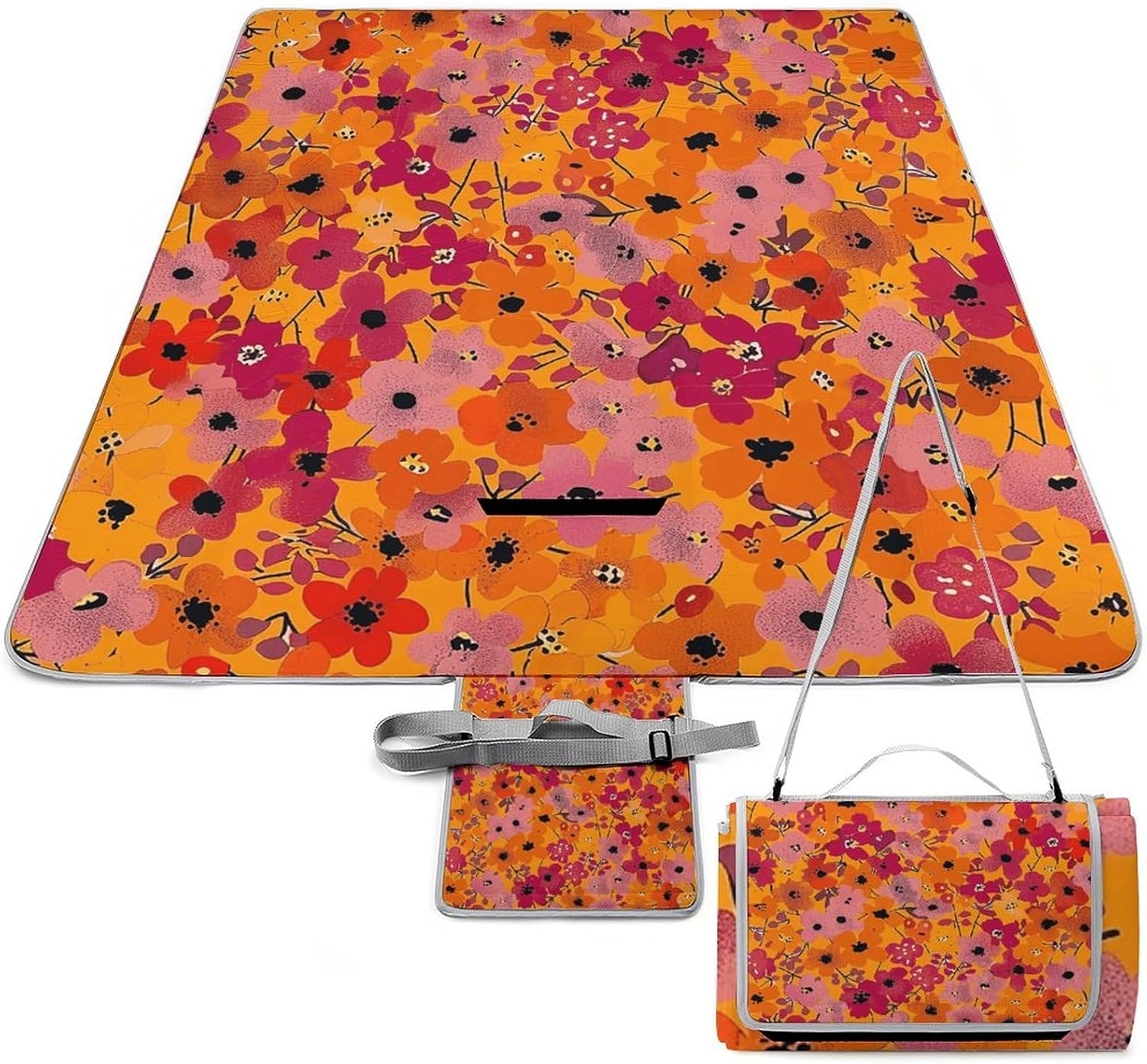 Outdoor Picnic Blanket Extra Large Beach Blanket Waterproof Picnic Mat Peach Floral Pattern Camping Blanket Portable with Carry Strap Park Blanket for Grass Camping Park