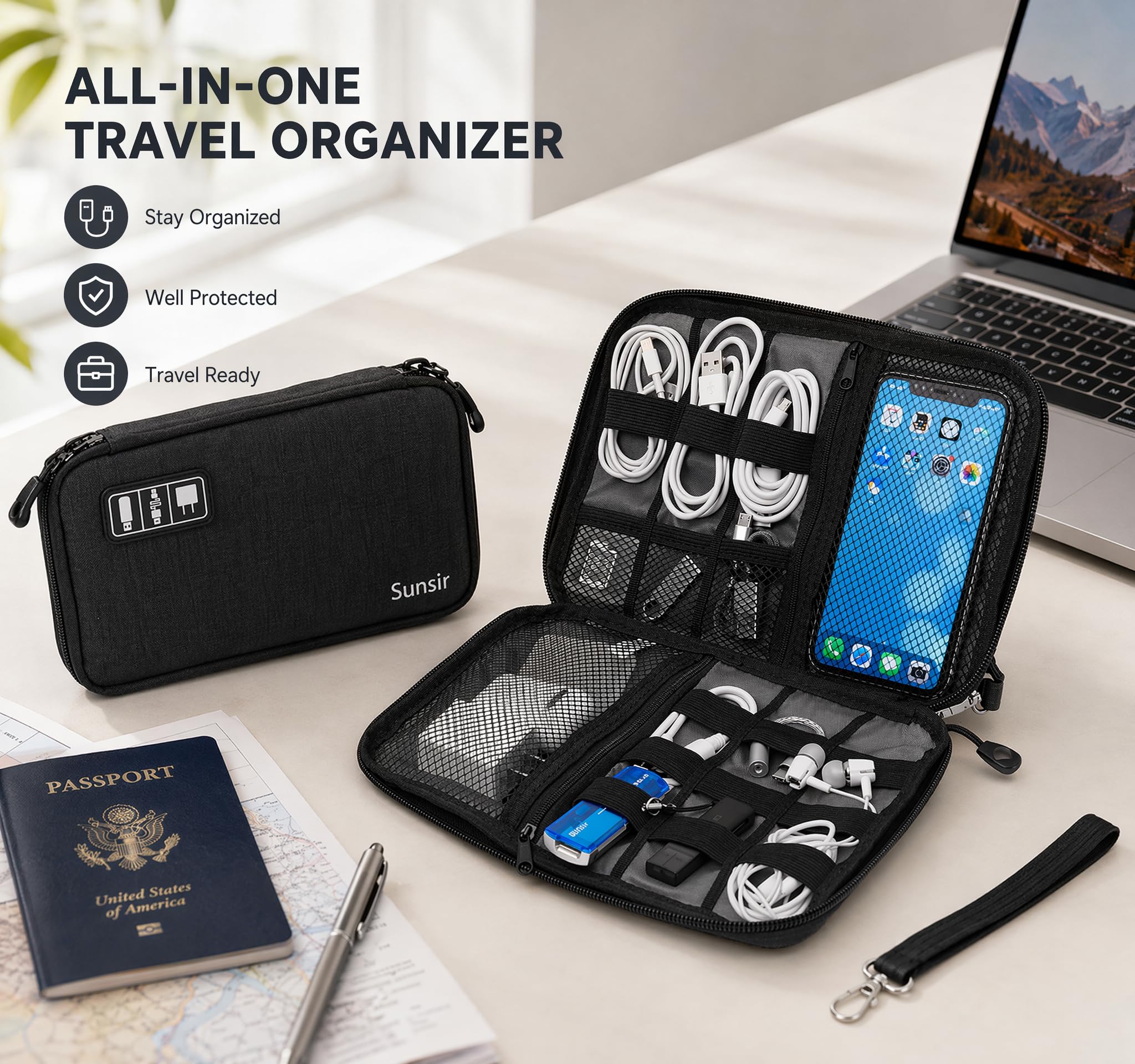 Organizador de cables de viaje, impermeable, portátil, organizador de accesorios electrónicos para cable USB, cargador de teléfono, auriculares, tarjeta SD con 5 bridas (negro)