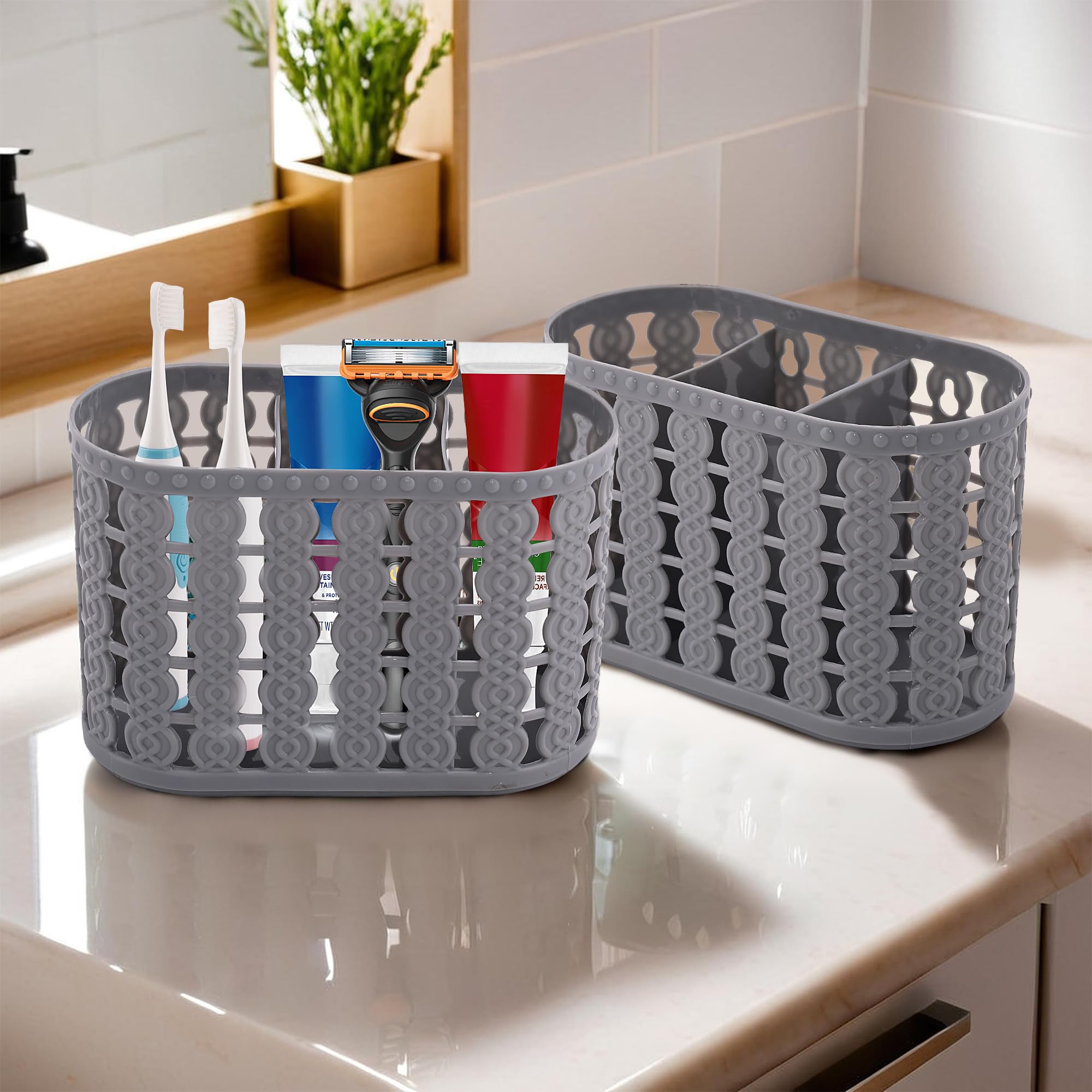 Kuber Industries Pack of 2 Hanging & Wall Mounted 3 Compartment Tooth ...