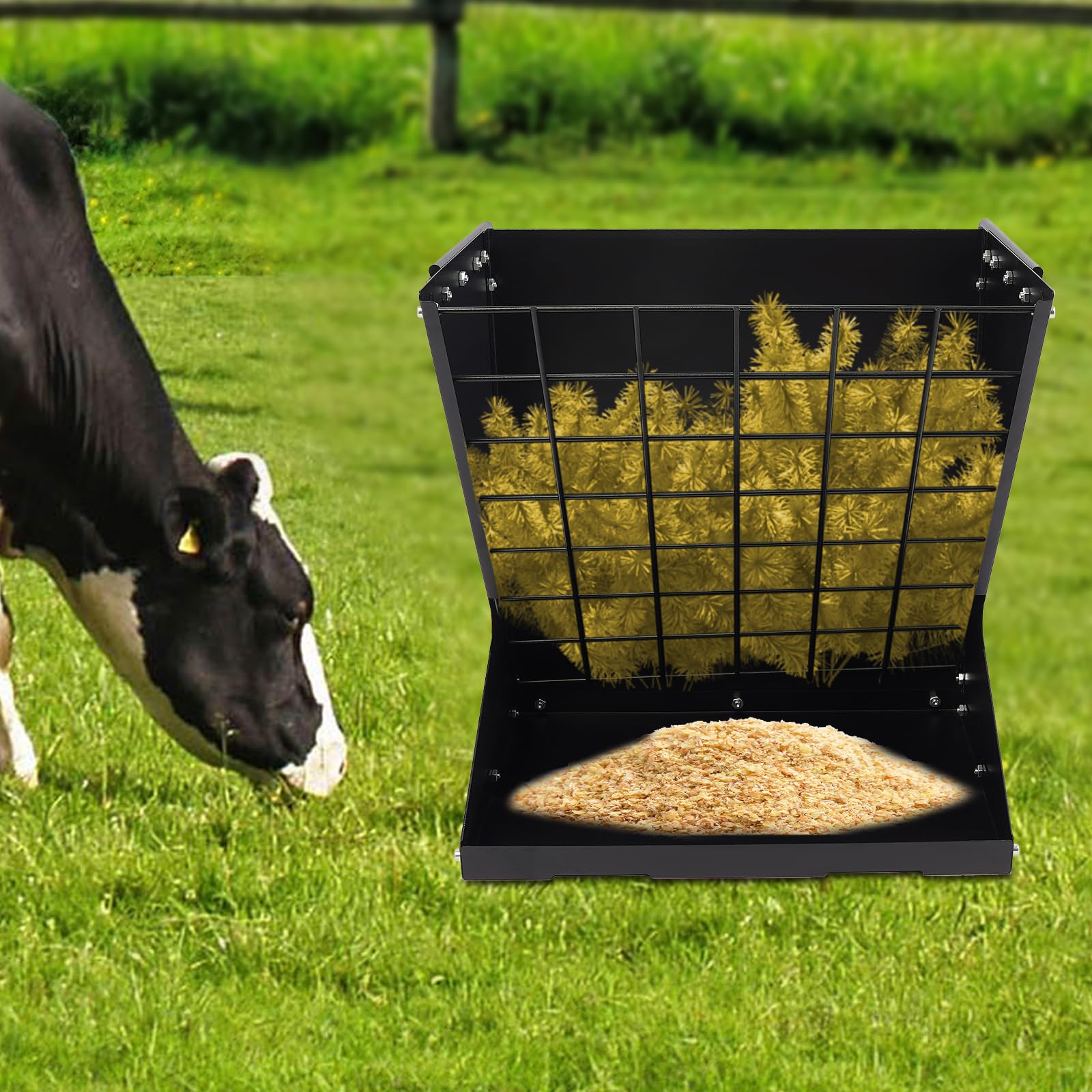 Mangiatoia 2 in 1 per fieno e cereali con spargicchio di mangime e ganci regolabili, da appendere o a parete, mangiatoia in acciaio per pecore, capre e cavalli (nero)