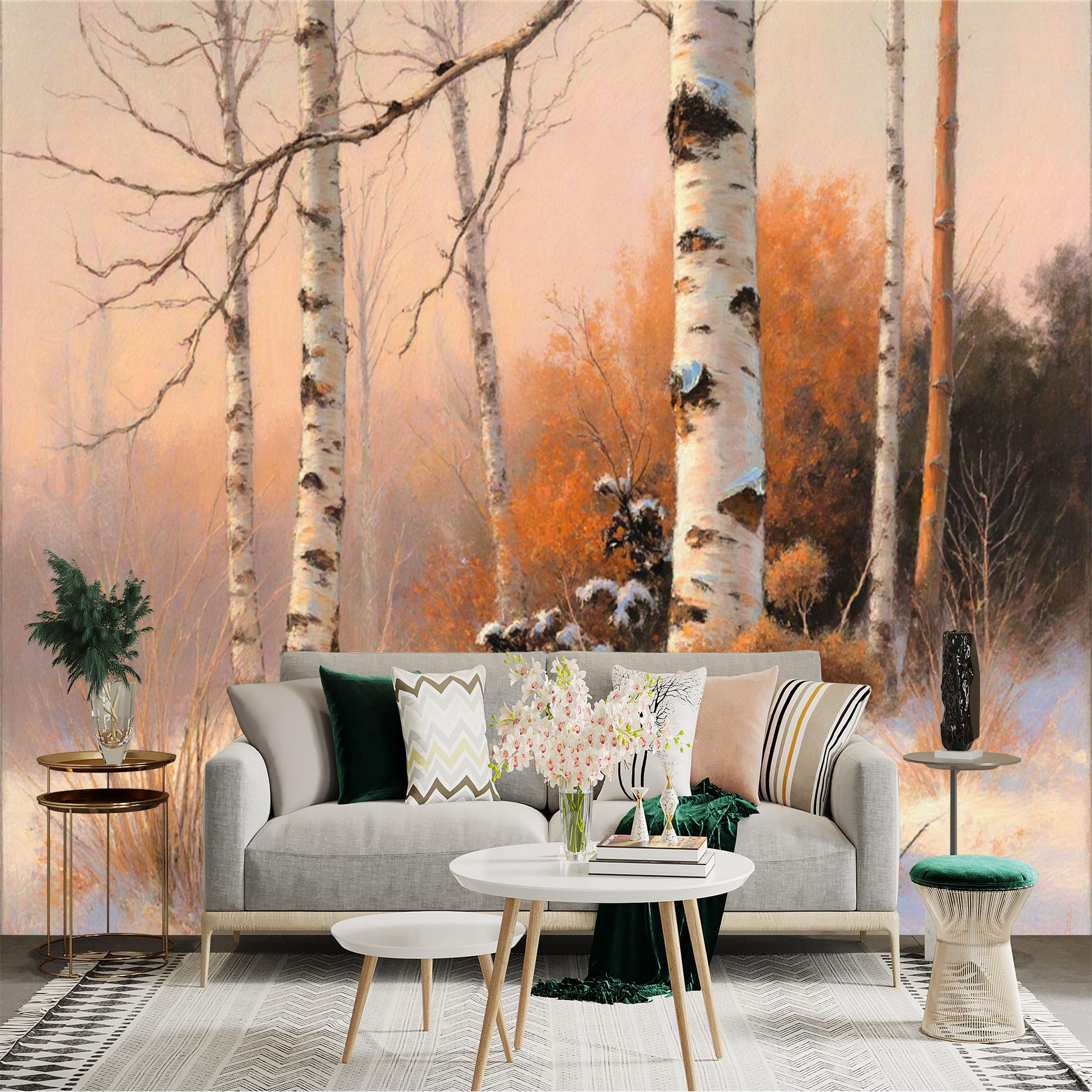 Lnzczhyre Xc260505398 Custom Size Wall Sticker Mural， White Birch Trees In Winter， Snowy Forest Landscape， Golden Autumn Foliage， Serene Nature Scenery， For Wall Decoration， Peelandstick Wall Decals.